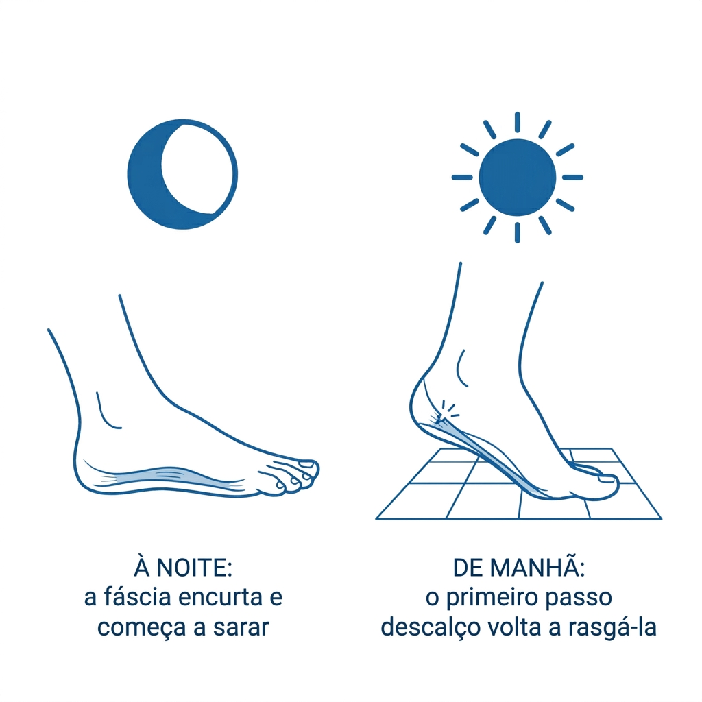 De noite a fascia encurta; o primeiro passo descalco volta a danifica-la