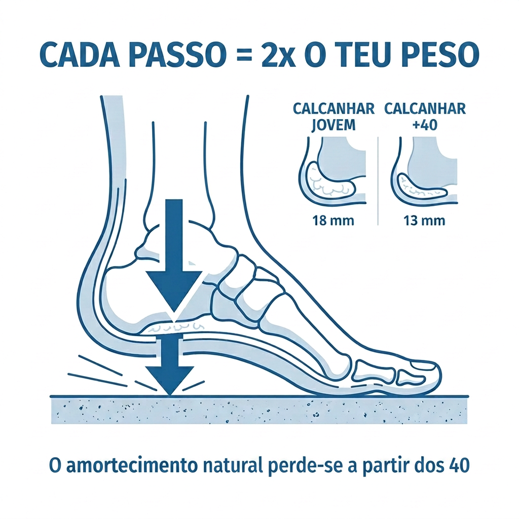 Cada passo sao 2 vezes o teu peso sobre o calcanhar, e o amortecimento natural perde-se a partir dos 40