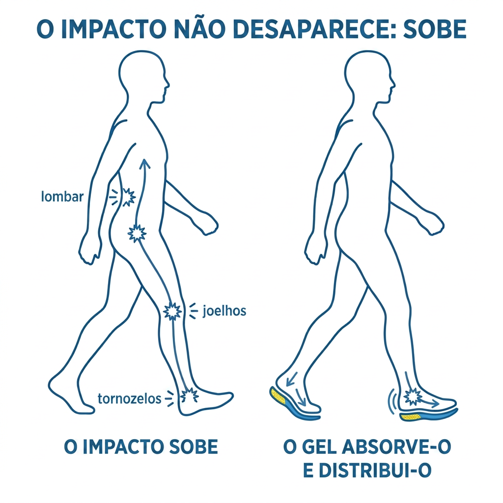 O impacto de cada passo sobe pelo corpo se nao for absorvido em baixo