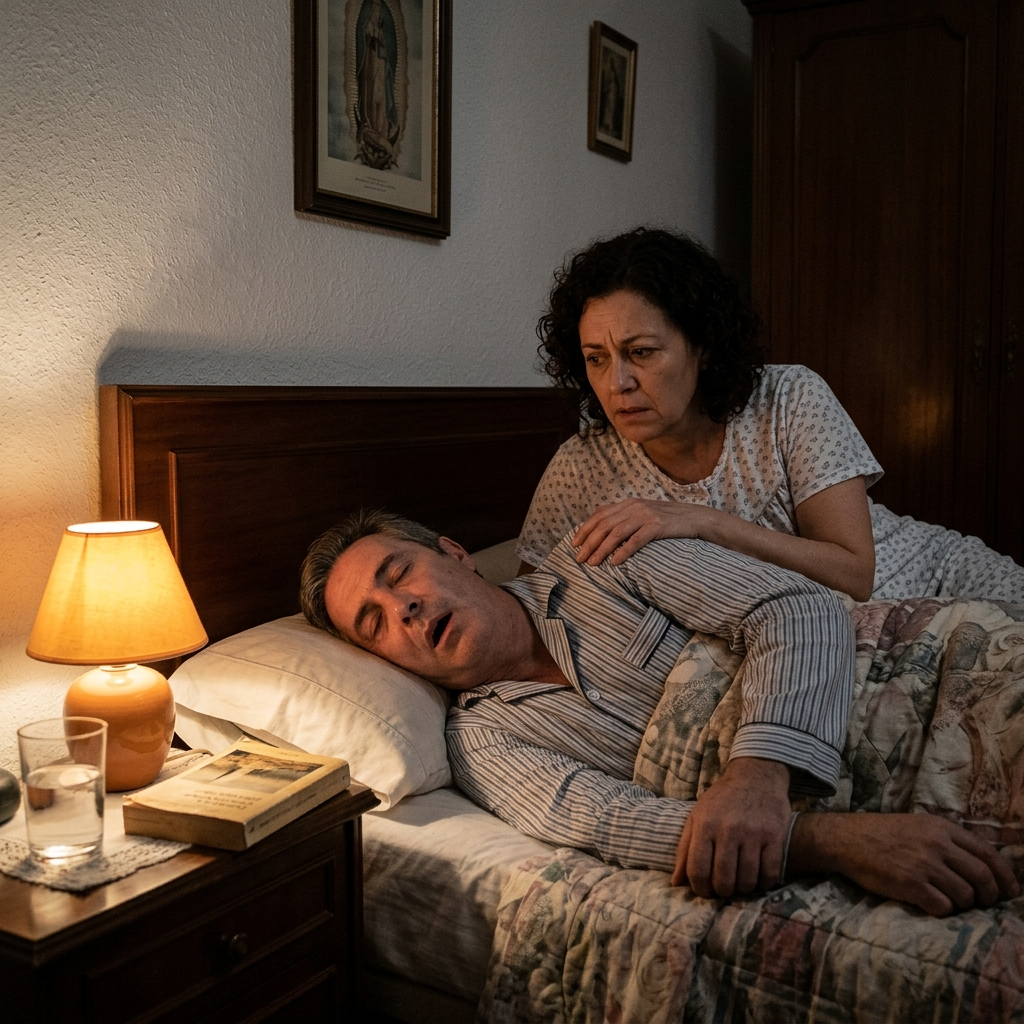 Ela senta-se na cama de madrugada ao notar que ele deixa de respirar