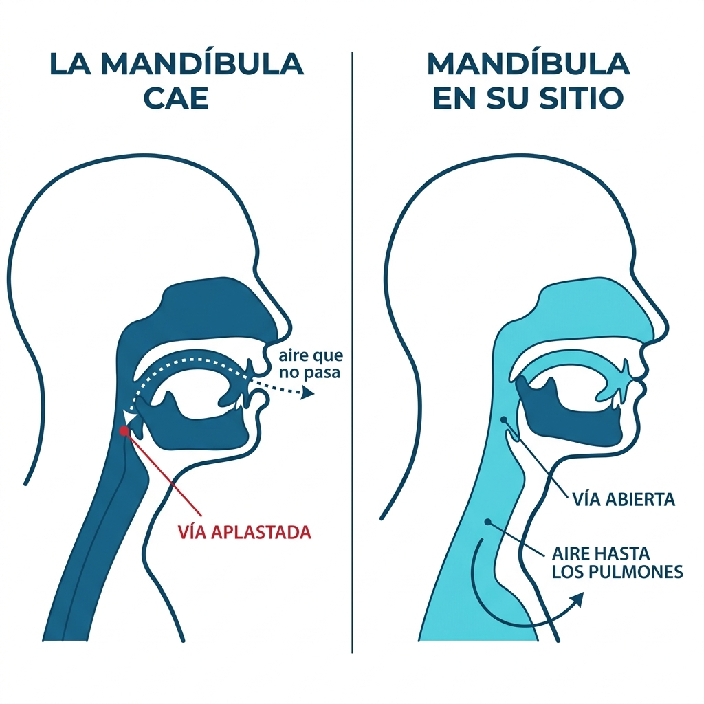 La mandibula cae y aplasta la via; sujeta en su sitio, el aire llega a los pulmones