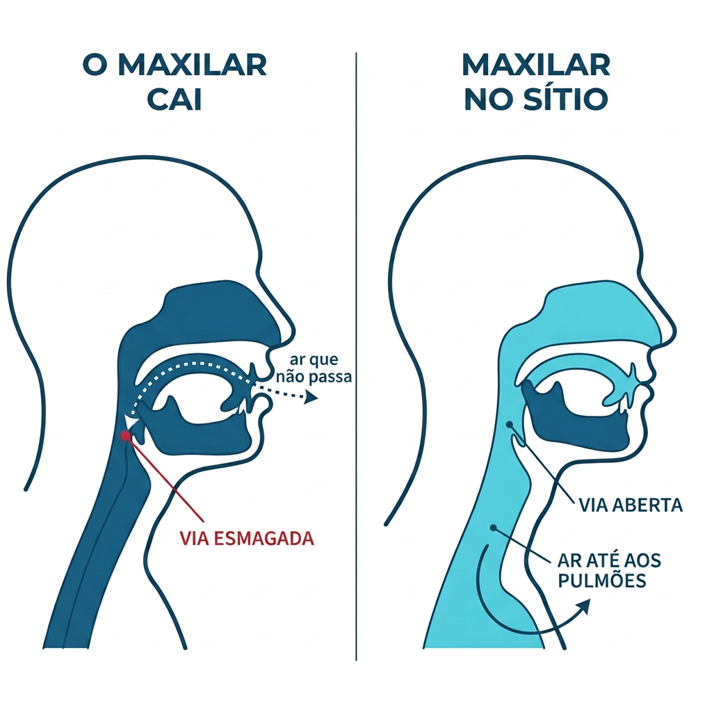 O maxilar cai e esmaga a via; seguro no sitio, o ar chega aos pulmoes