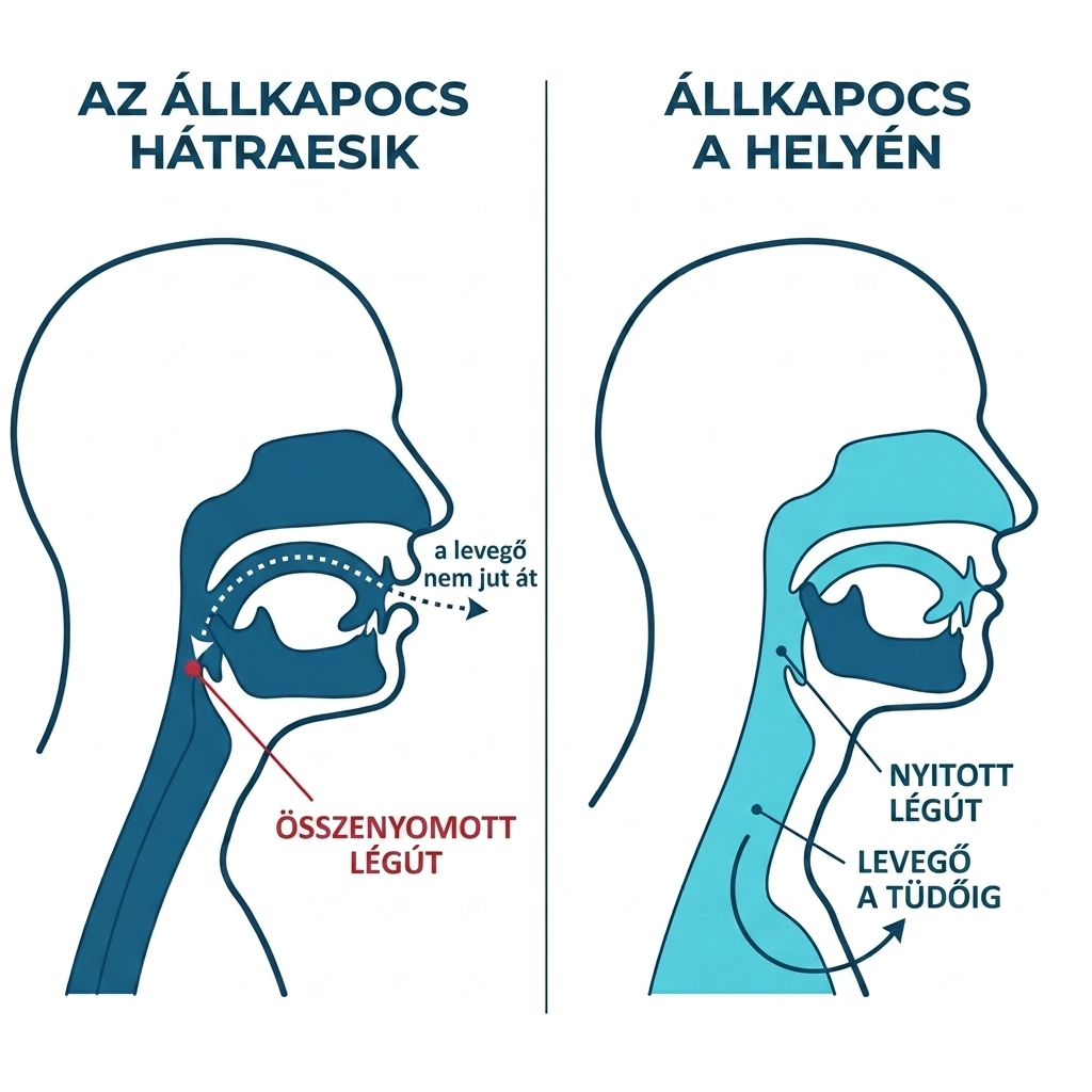 Az állkapocs hátraesik és összenyomja a légutat; a helyén tartva a levegő eljut a tüdőig