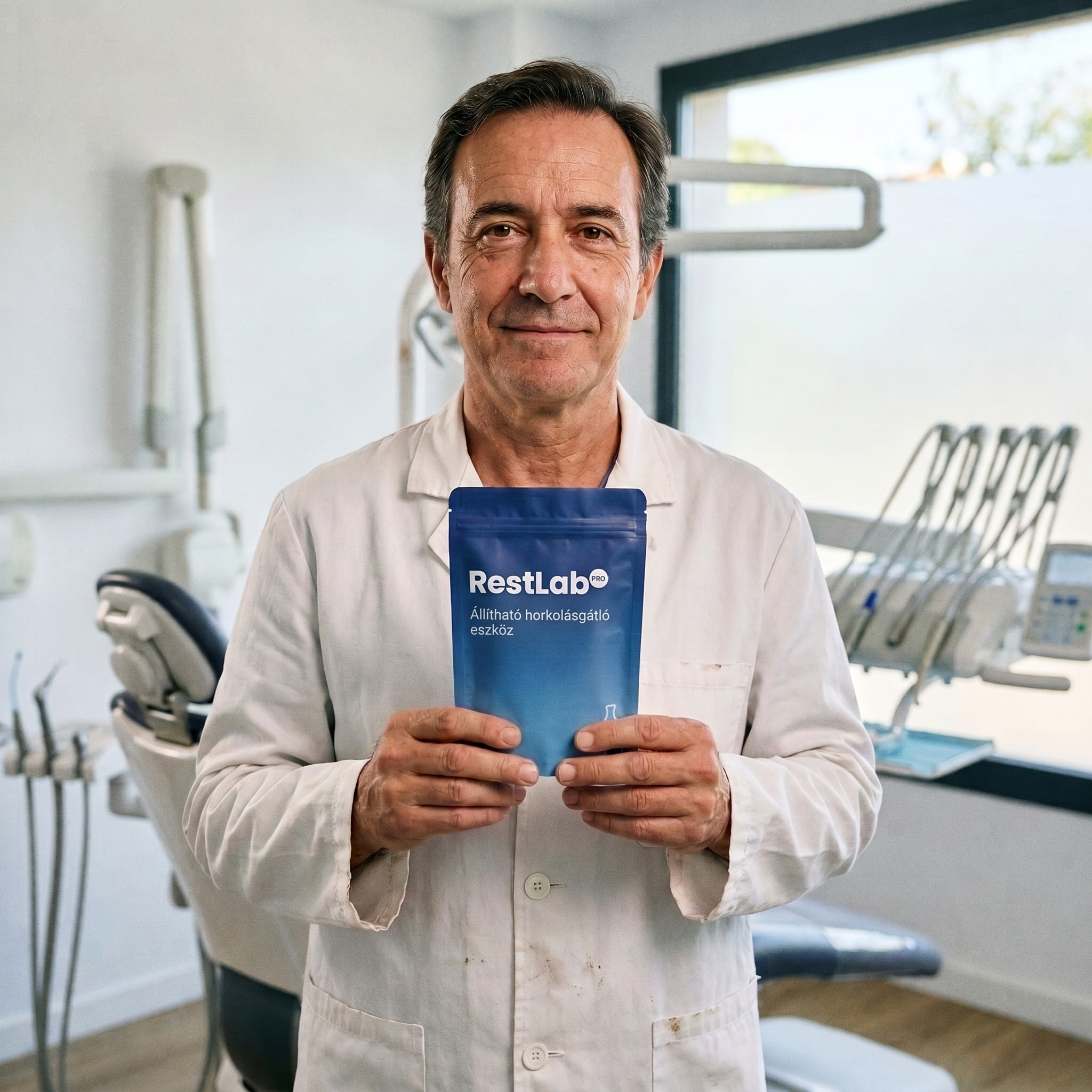 Dr. Kovács Péter alvásspecialista fogszakorvos, a RestLab megalkotója, a rendelőjében az eszközzel