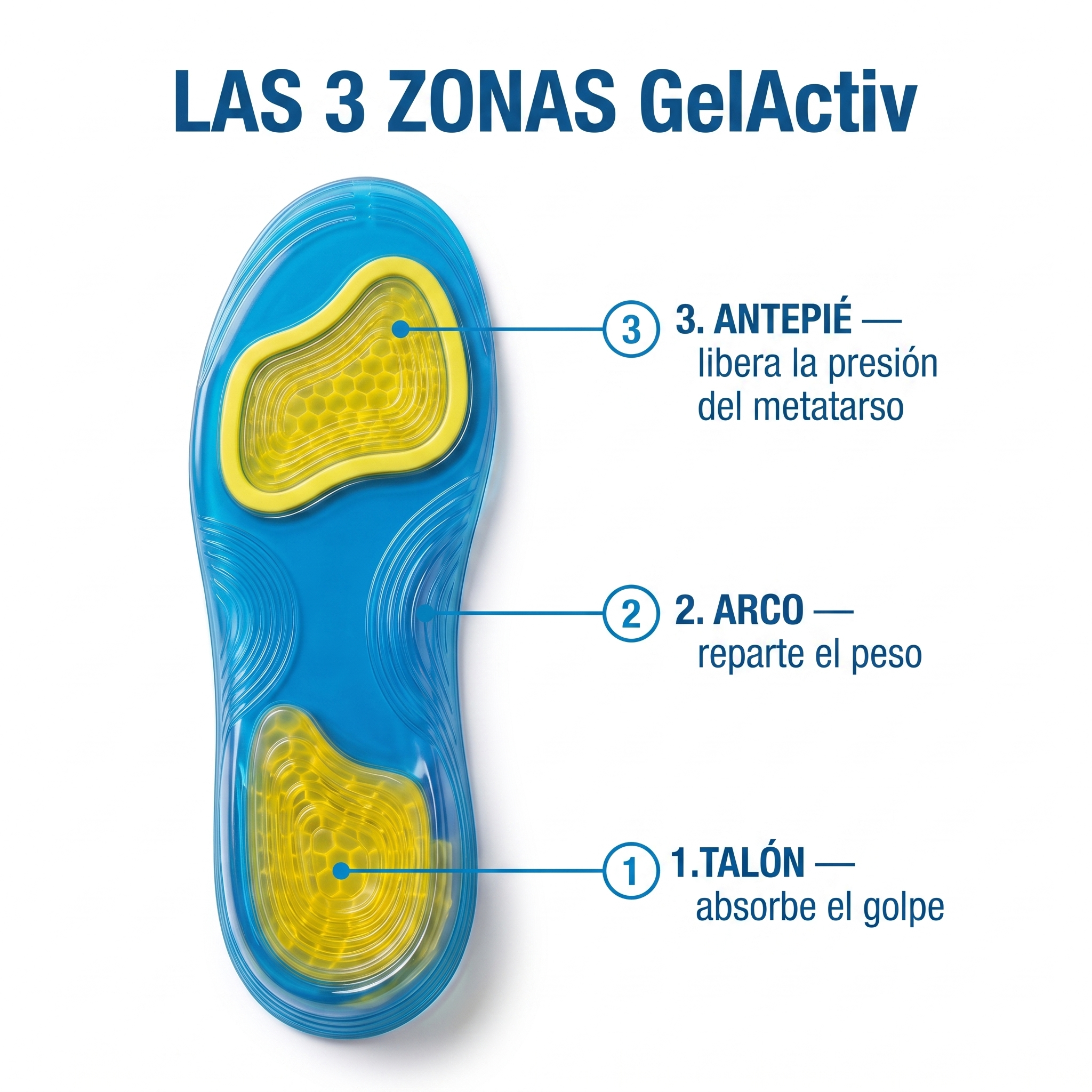 Sistema de 3 Apoyos GelActiv: talon absorbe el golpe, arco reparte el peso, antepie libera la presion