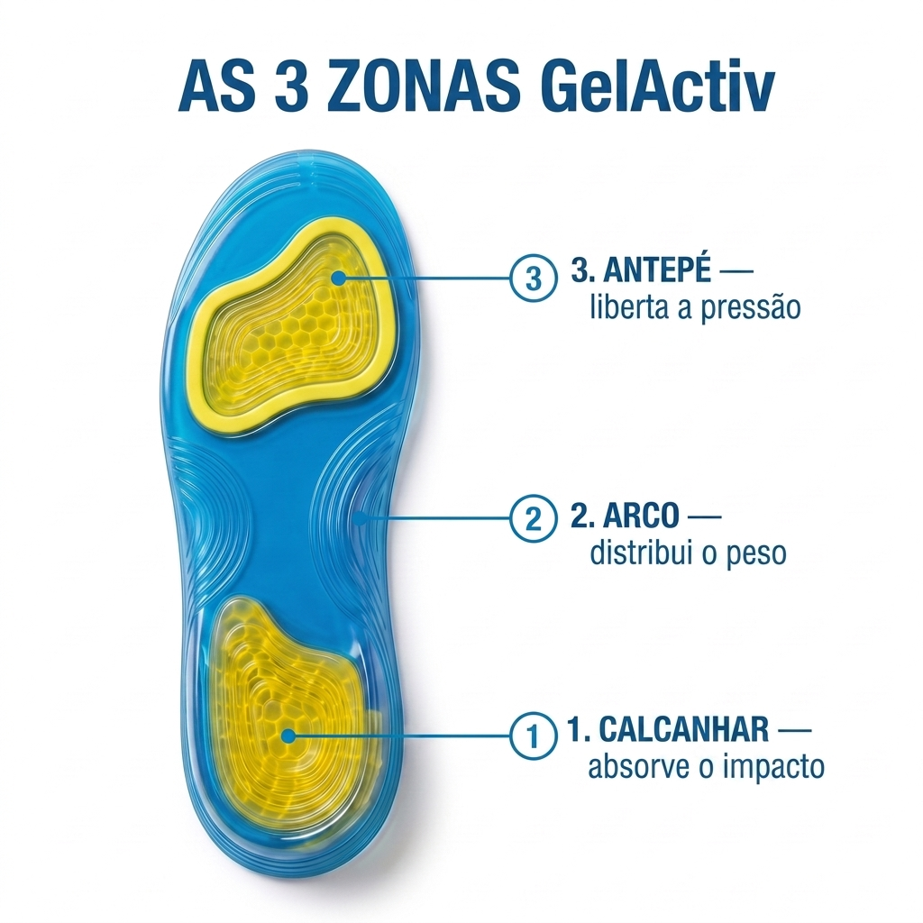 Sistema de 3 Apoios GelActiv: calcanhar absorve o impacto, arco distribui o peso, antepe liberta a pressao