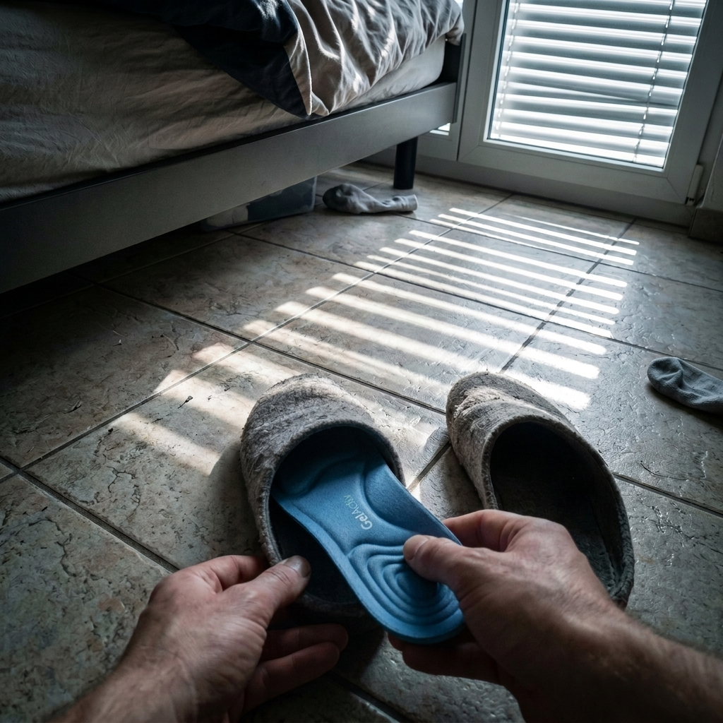 A palmilha GelActiv nos chinelos de casa ao lado da cama