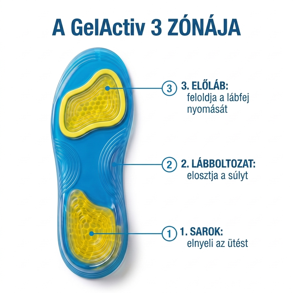 GelActiv 3 Támaszpontos Rendszer: a sarok elnyeli az ütést, a lábboltozat elosztja a súlyt, az előláb feloldja a nyomást