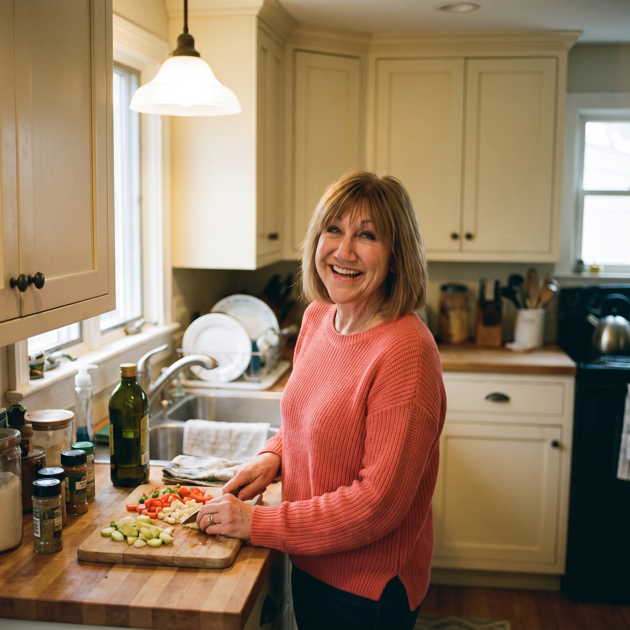 woman in kitchen holding HappyHarvest tart cherry bottle with berries and tea