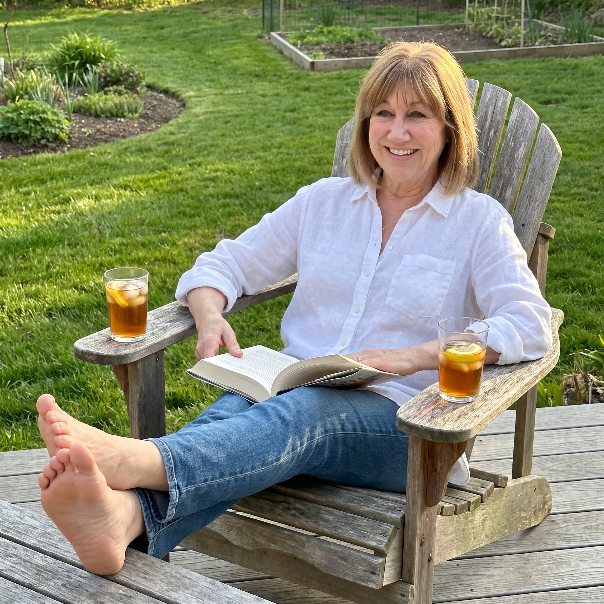 woman in garden eyes closed peacefully in golden light