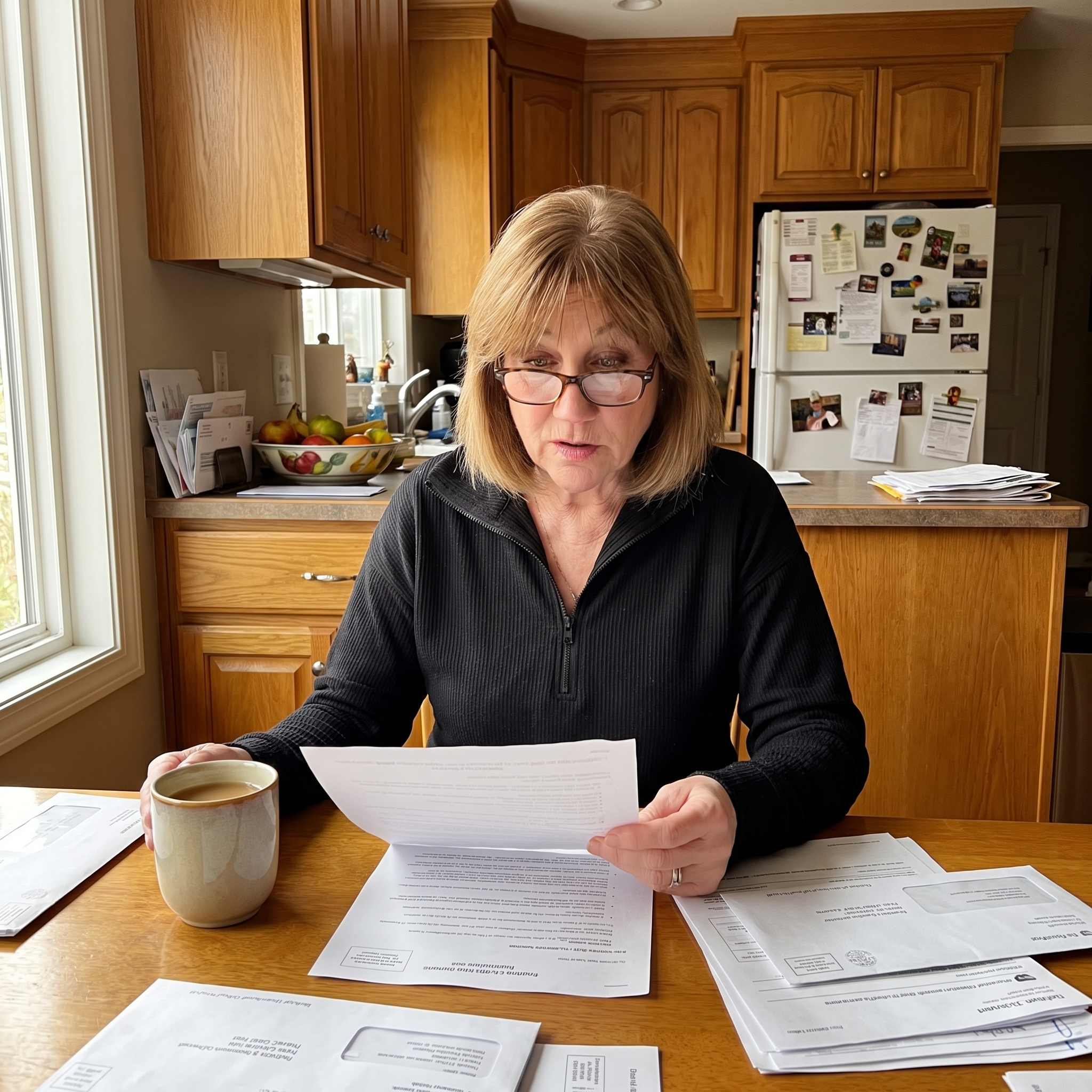 woman in kitchen holding HappyHarvest tart cherry bottle with coffee and newspaper