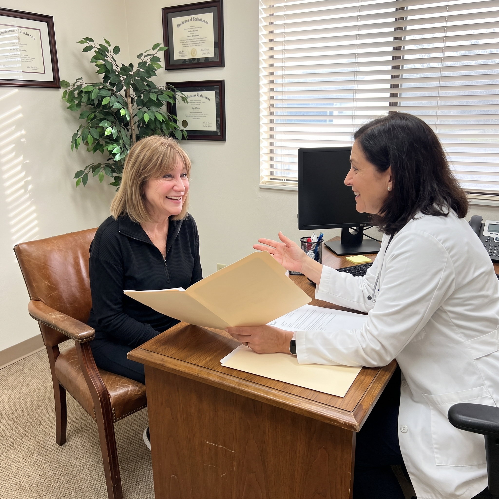 woman sitting on exam table while doctor reviews results