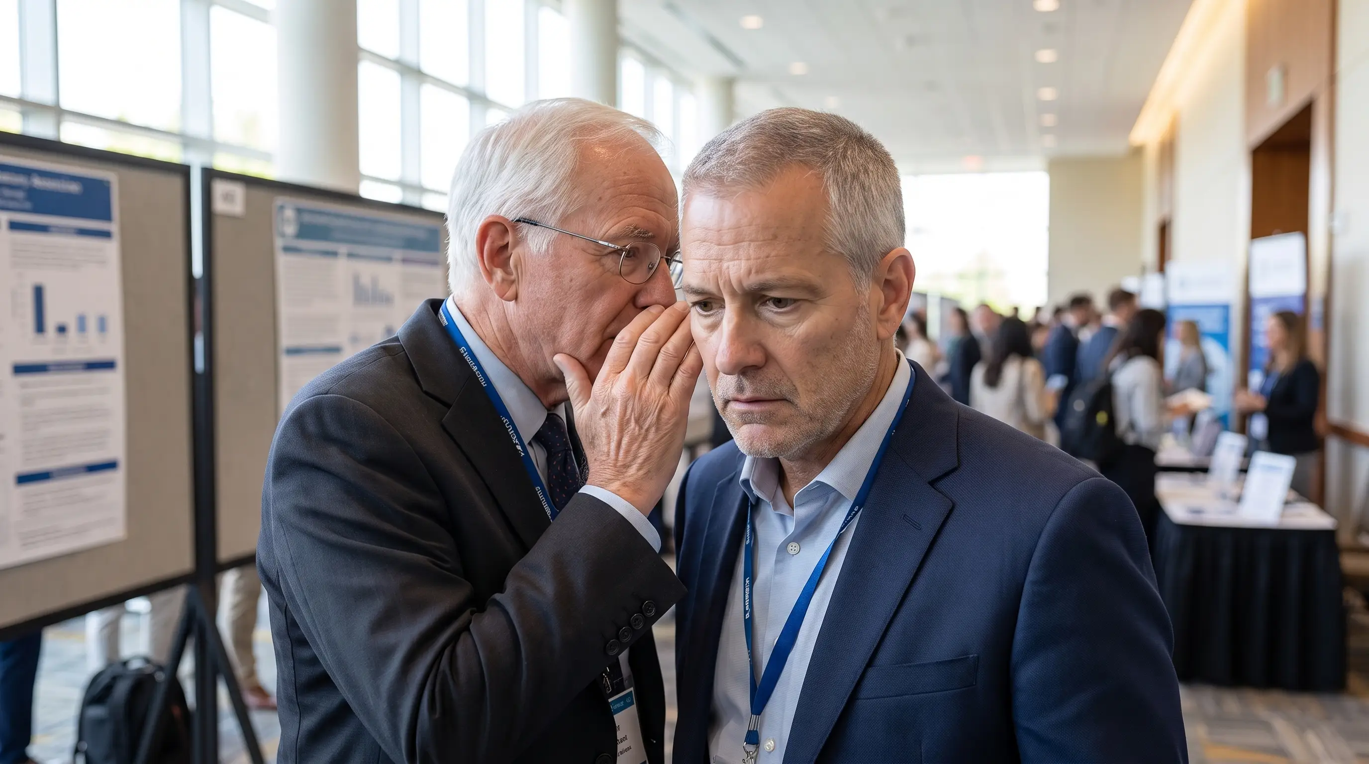 Two industry insiders whispering at a medical conference