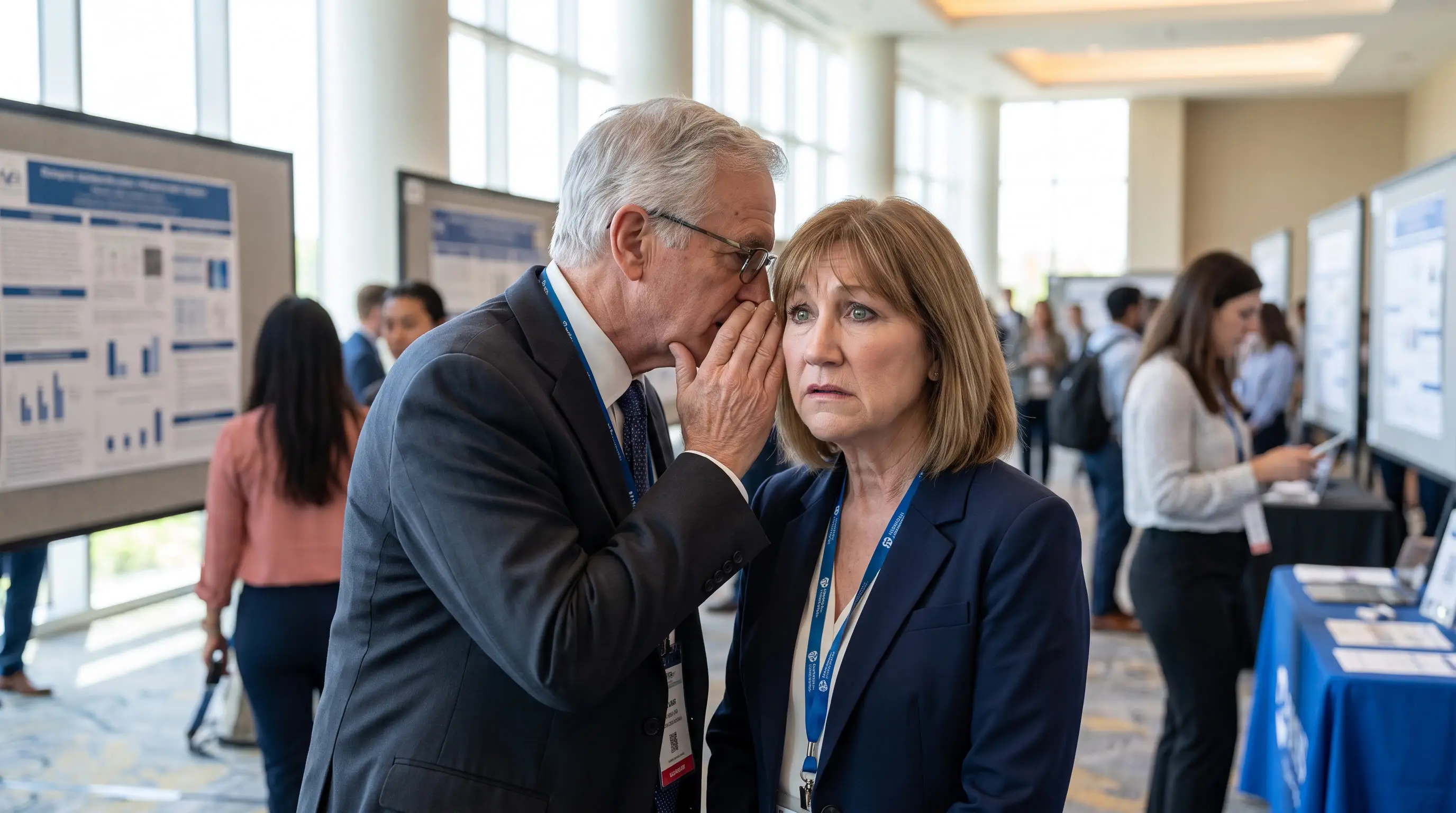 Two industry insiders whispering at a medical conference