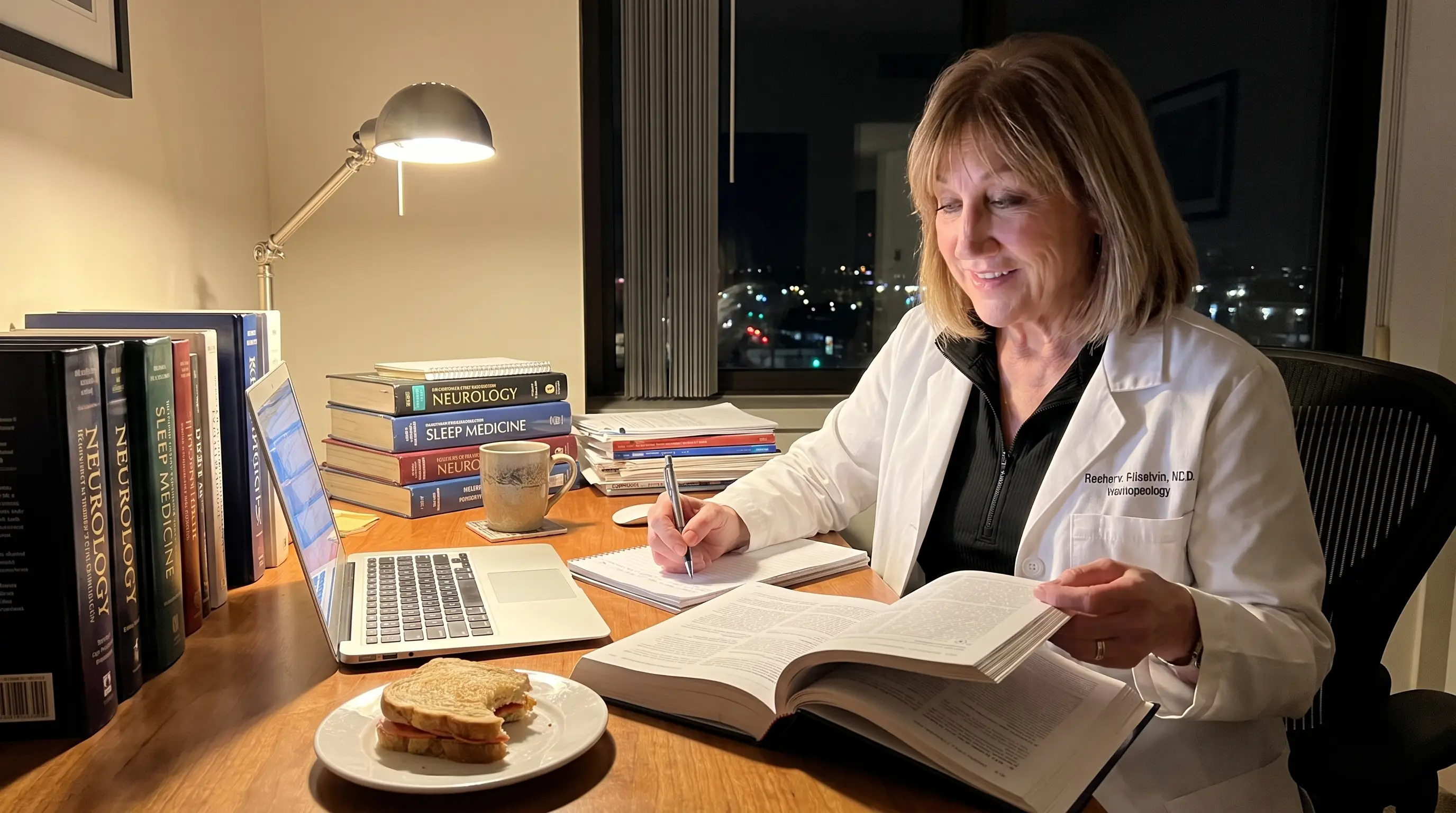 Researcher reviewing studies late at night