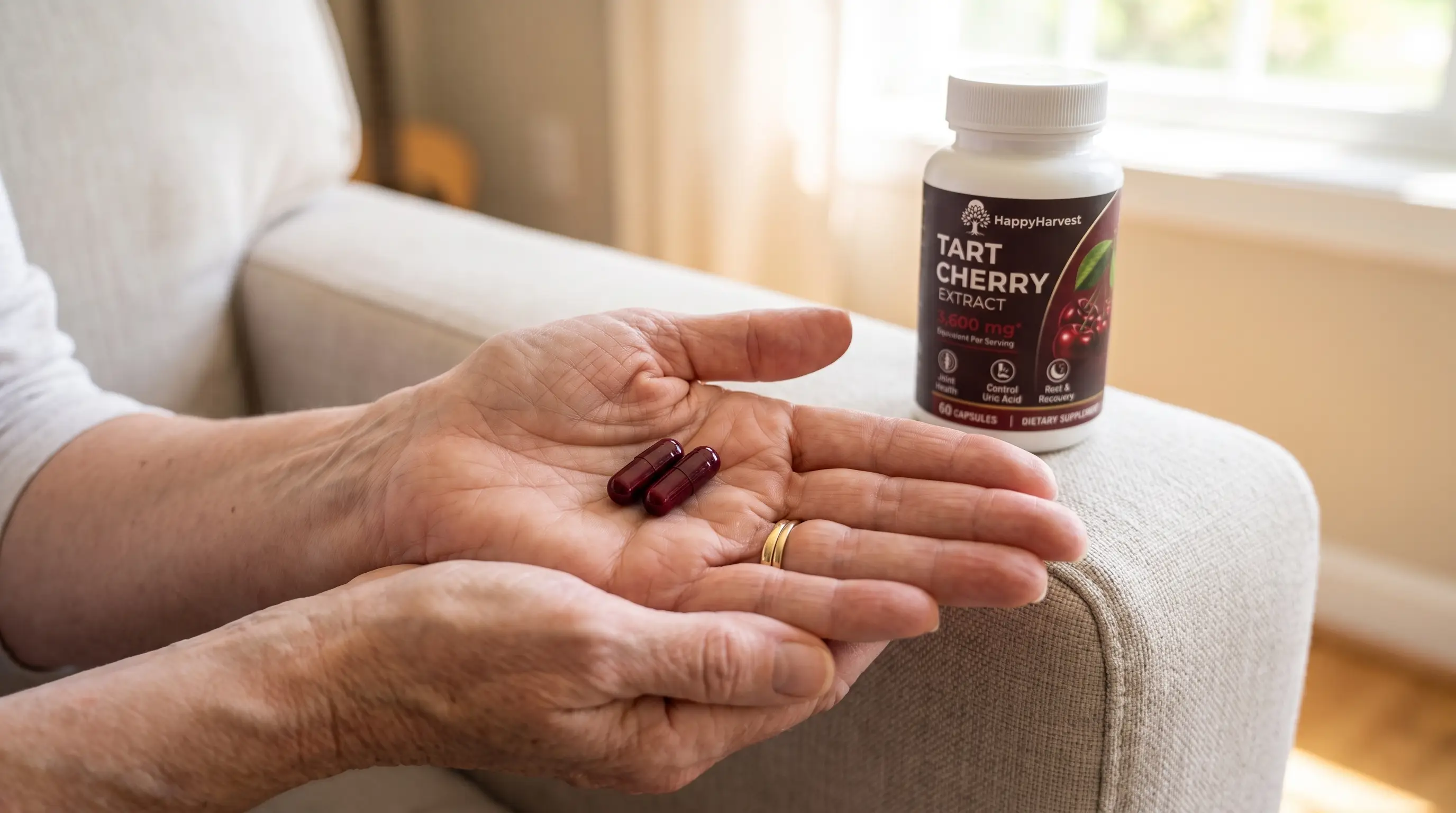 HappyHarvest Tart Cherry Extract capsules in hand