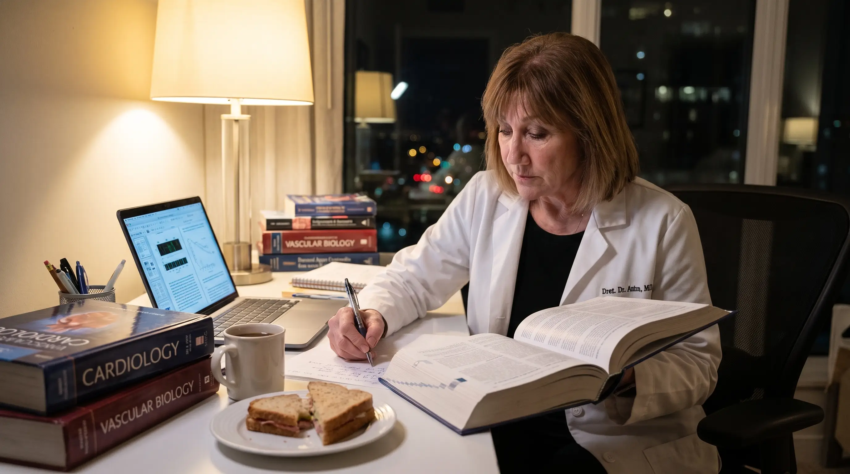 Researcher reviewing studies late at night