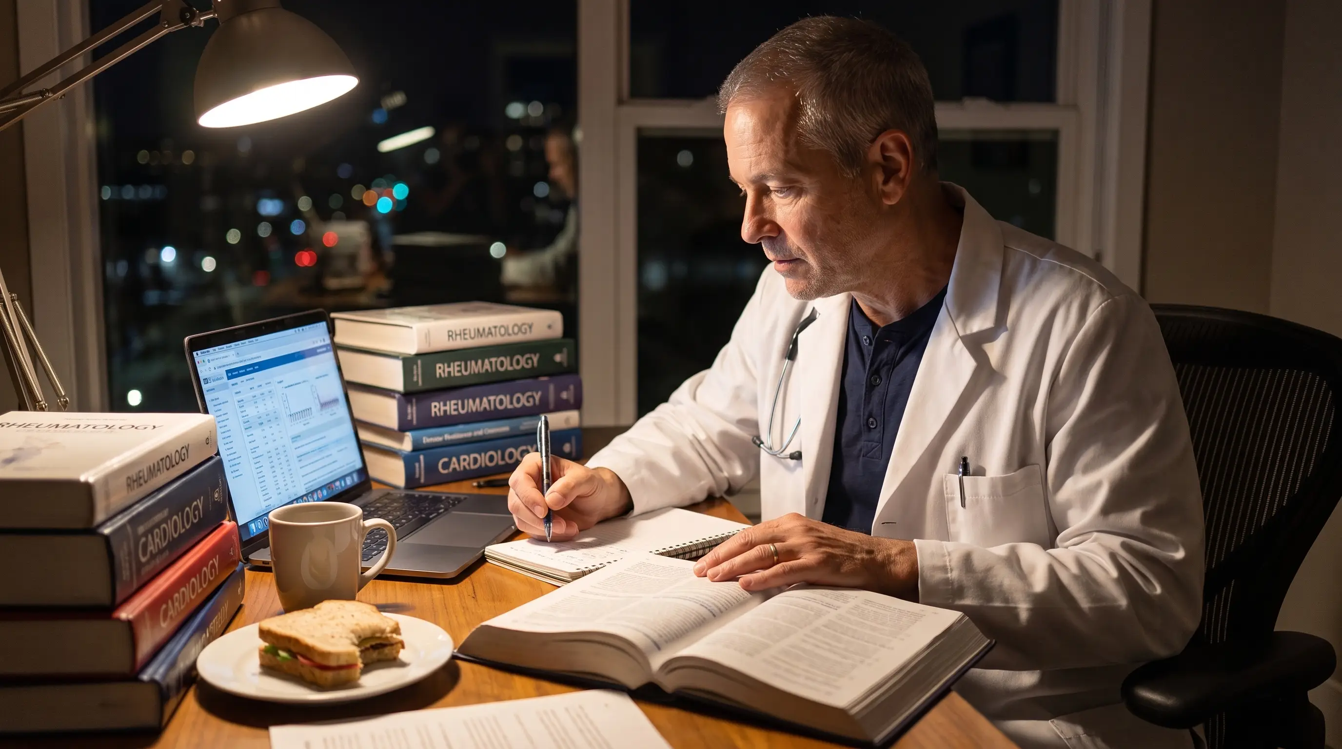 Researcher reviewing studies late at night