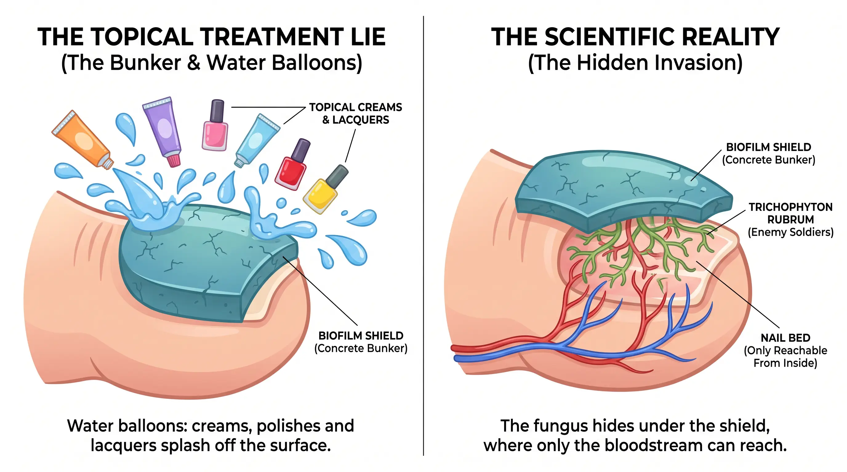 Diagram: the treatment lie vs. the scientific reality