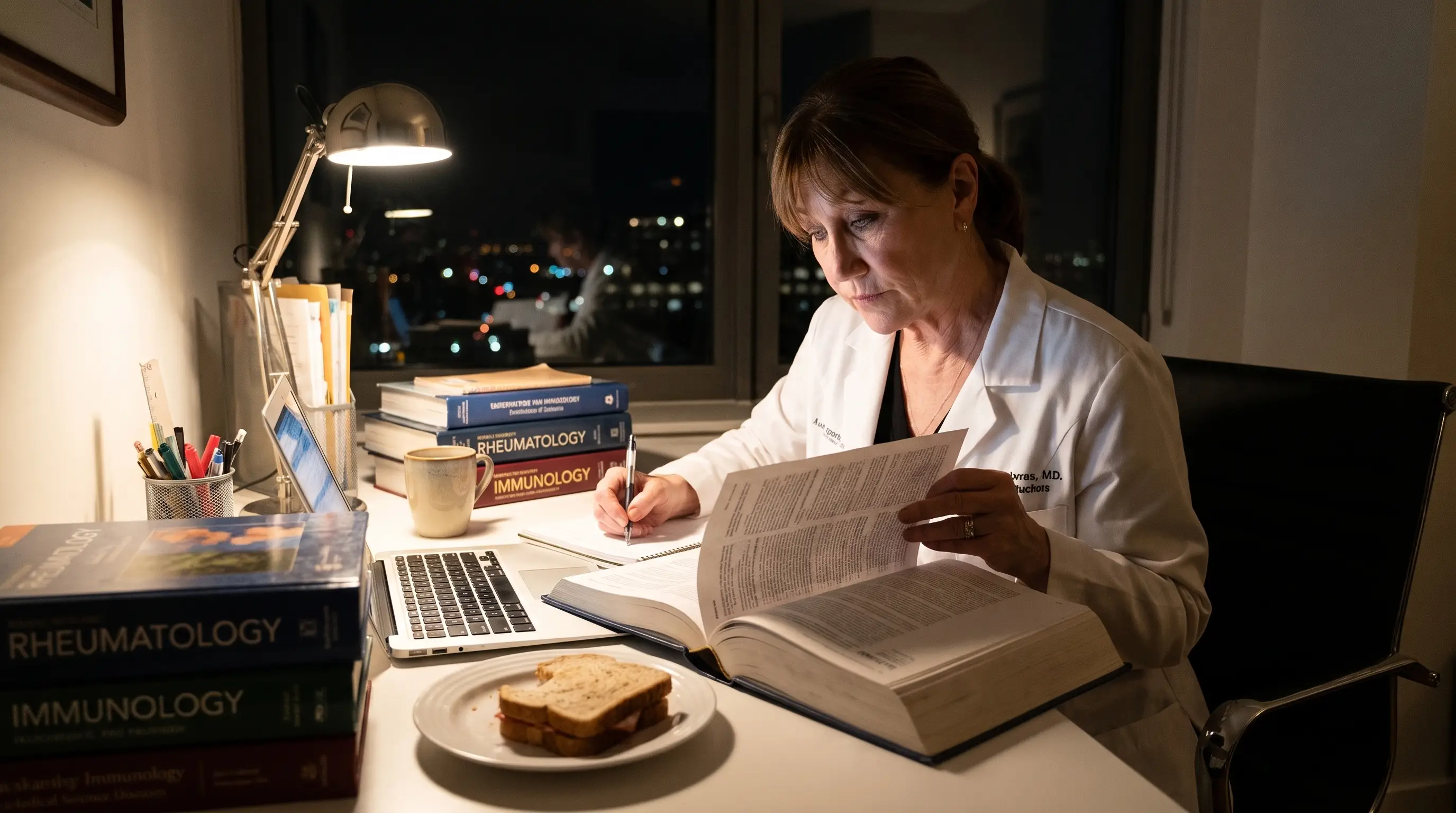 Researcher reviewing studies late at night