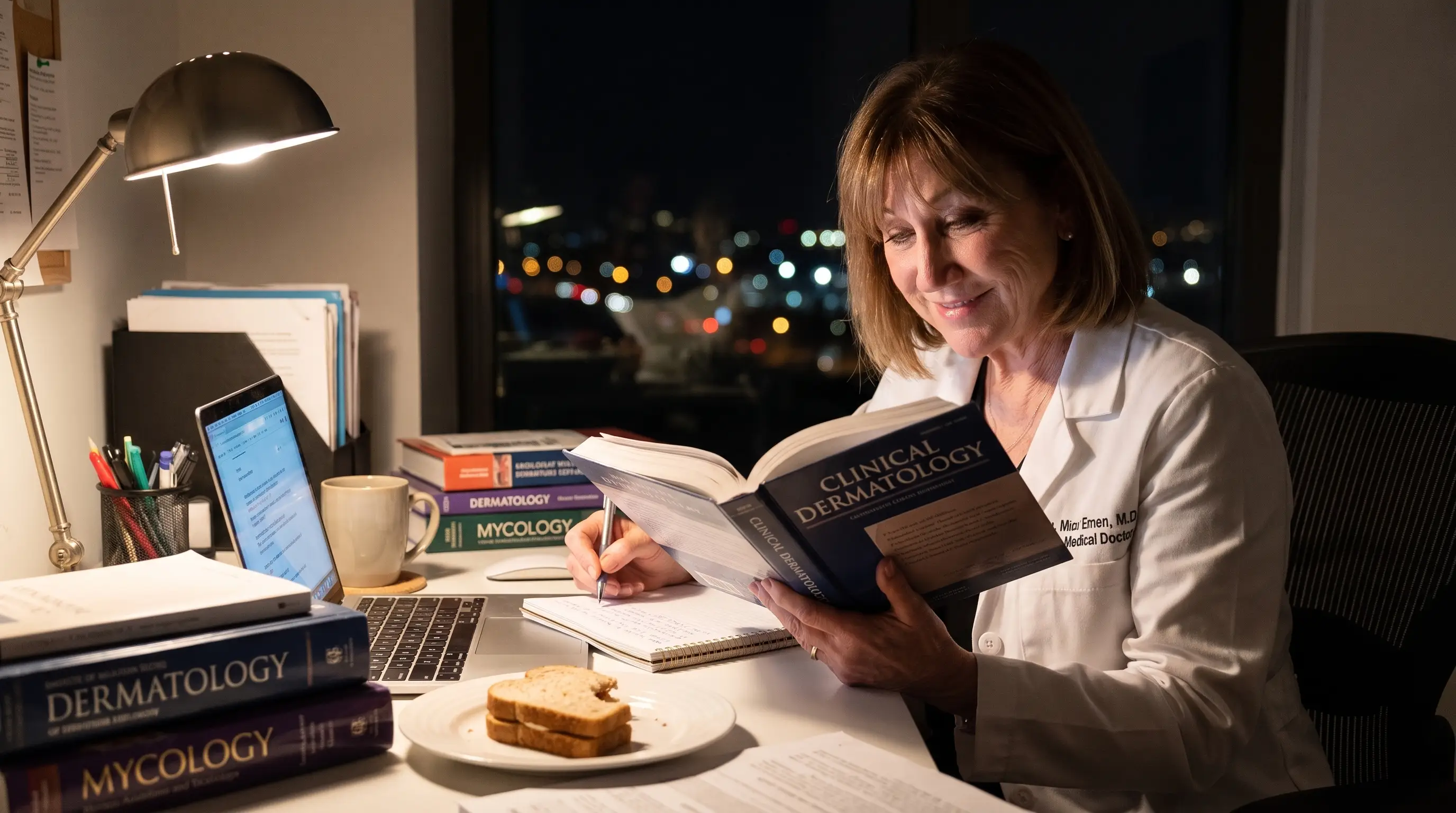 Researcher reviewing studies late at night