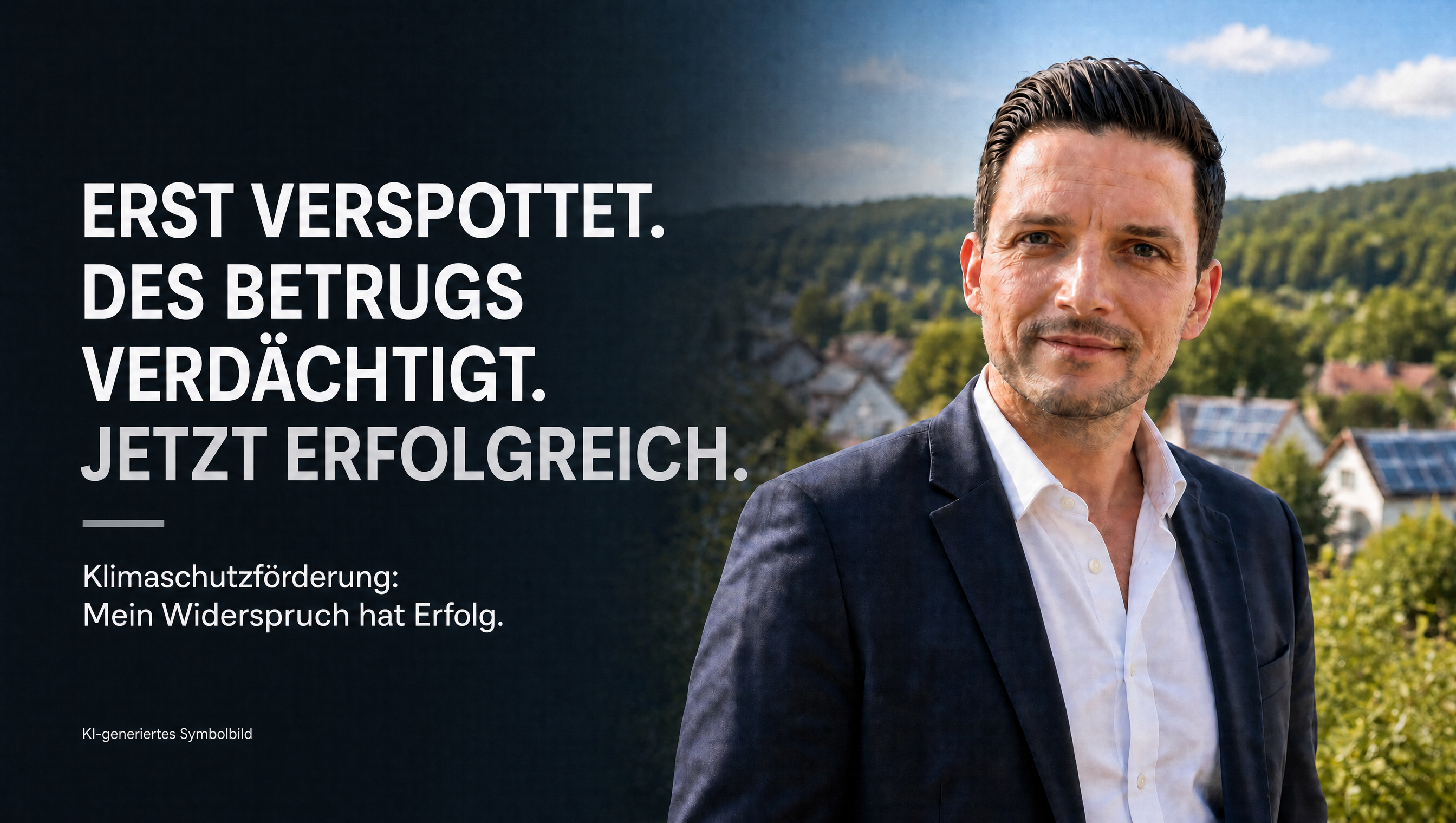 KI-generiertes Symbolbild mit Sebastian Greiber: Erst verspottet. Des Betrugs verdächtigt. Jetzt erfolgreich. Klimaschutzförderung: Mein Widerspruch hat Erfolg.