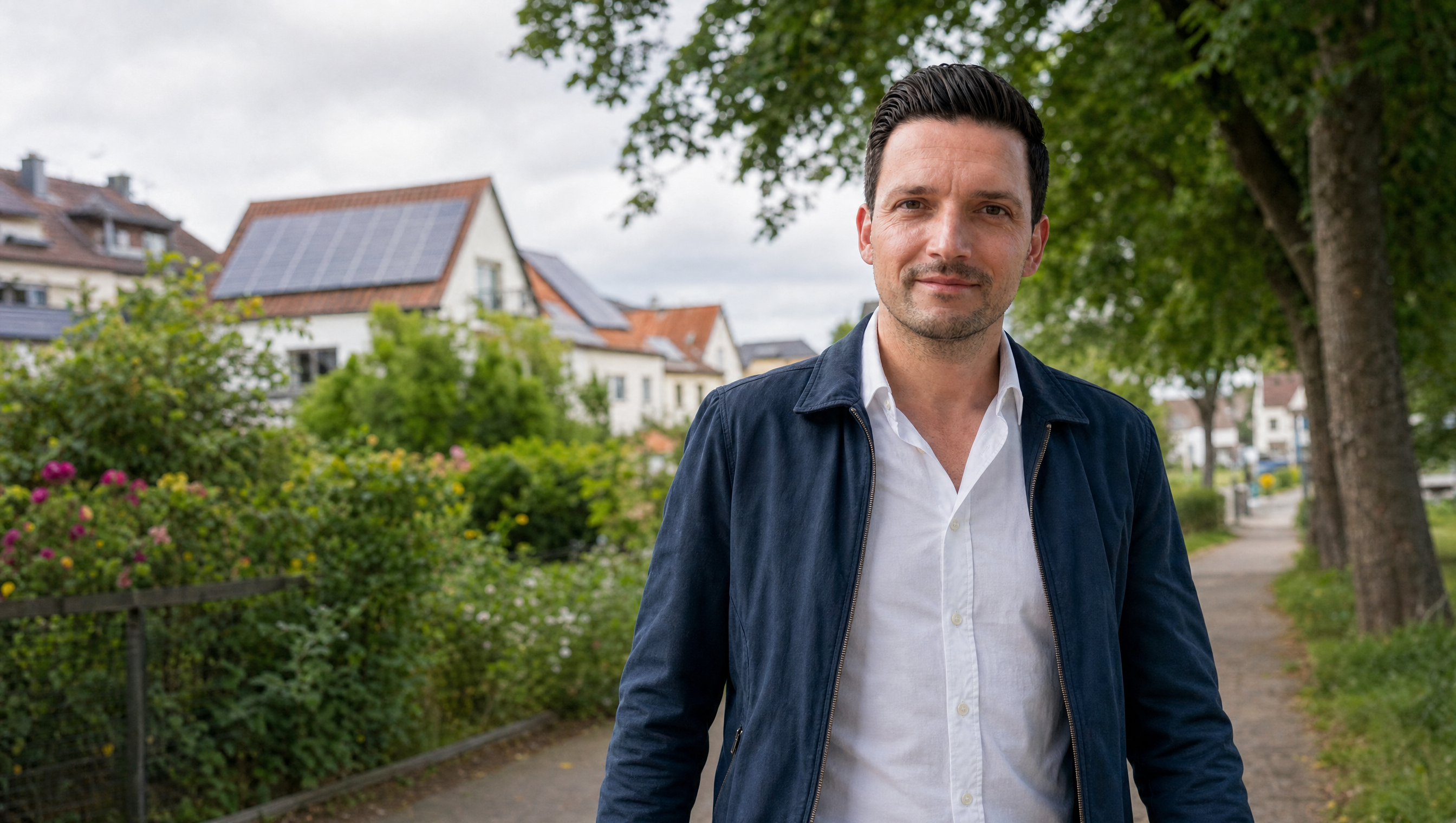 KI-generiertes Symbolbild: Sebastian Greiber im Grünen vor Wohnhäusern mit Solardächern