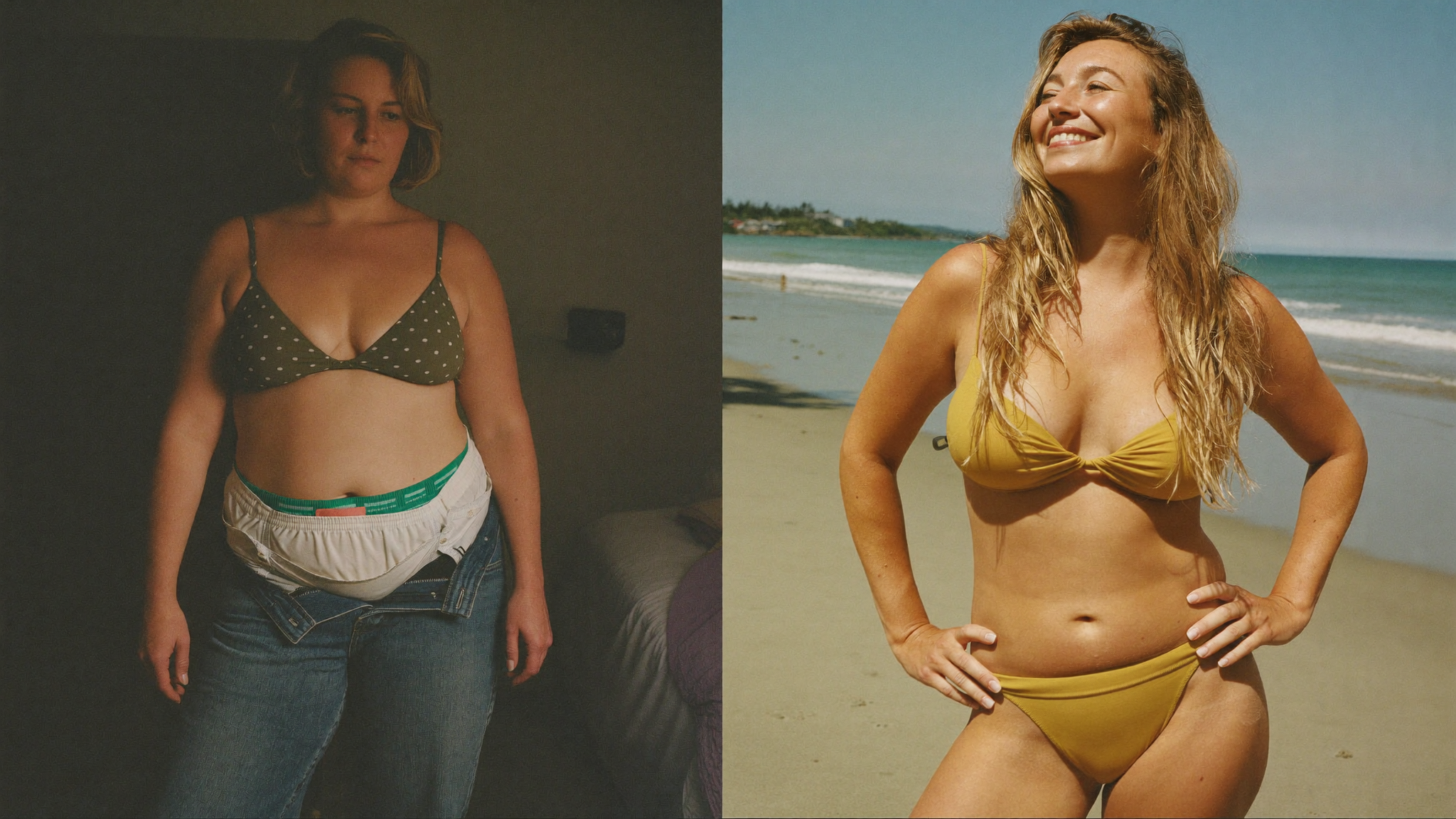Before and after: a woman indoors in jeans, and the same woman confident in a bikini outdoors