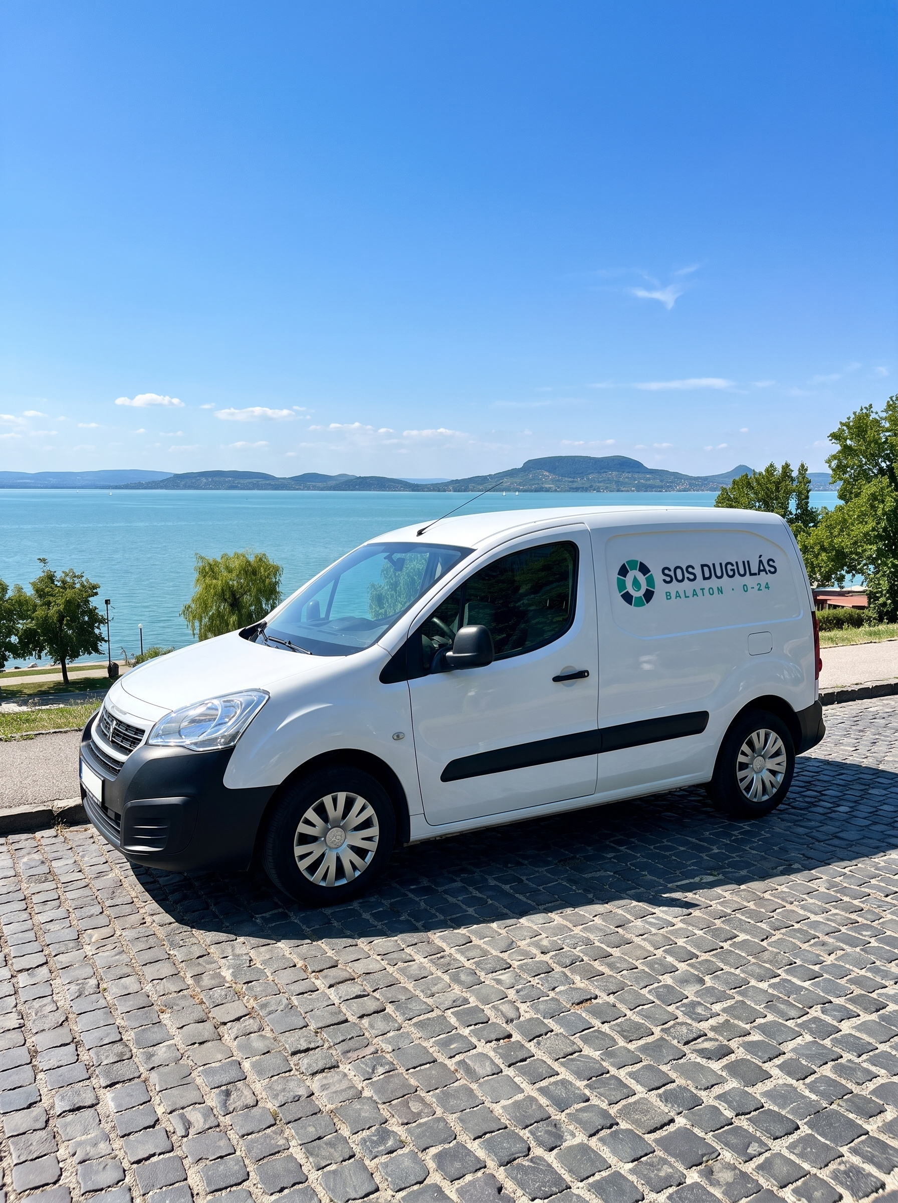 SOS Dugulás Balaton logós dobozos szervizautó a Balaton-parton