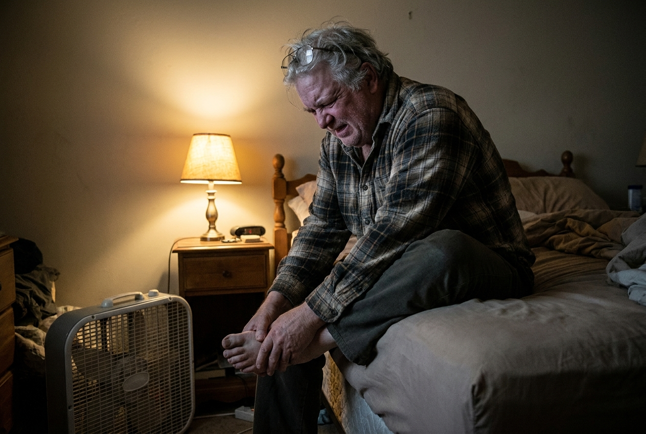 Man rubbing his burning foot at night beside a lamp