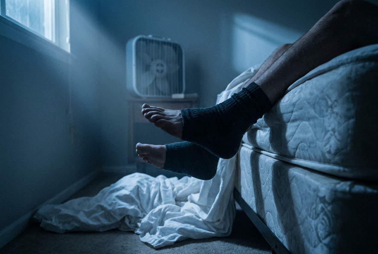 Bare feet hanging off the end of the bed with a fan nearby