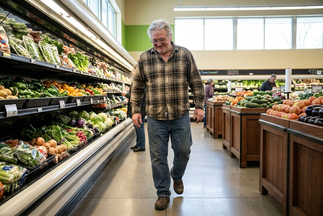 The same man walking comfortably down a bright store aisle