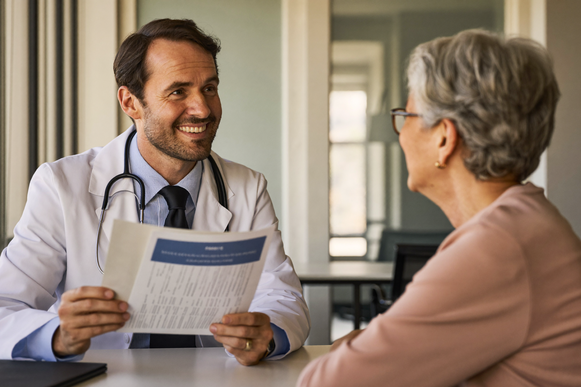 Doctor looking up from a lab report with a surprised, reassured smile