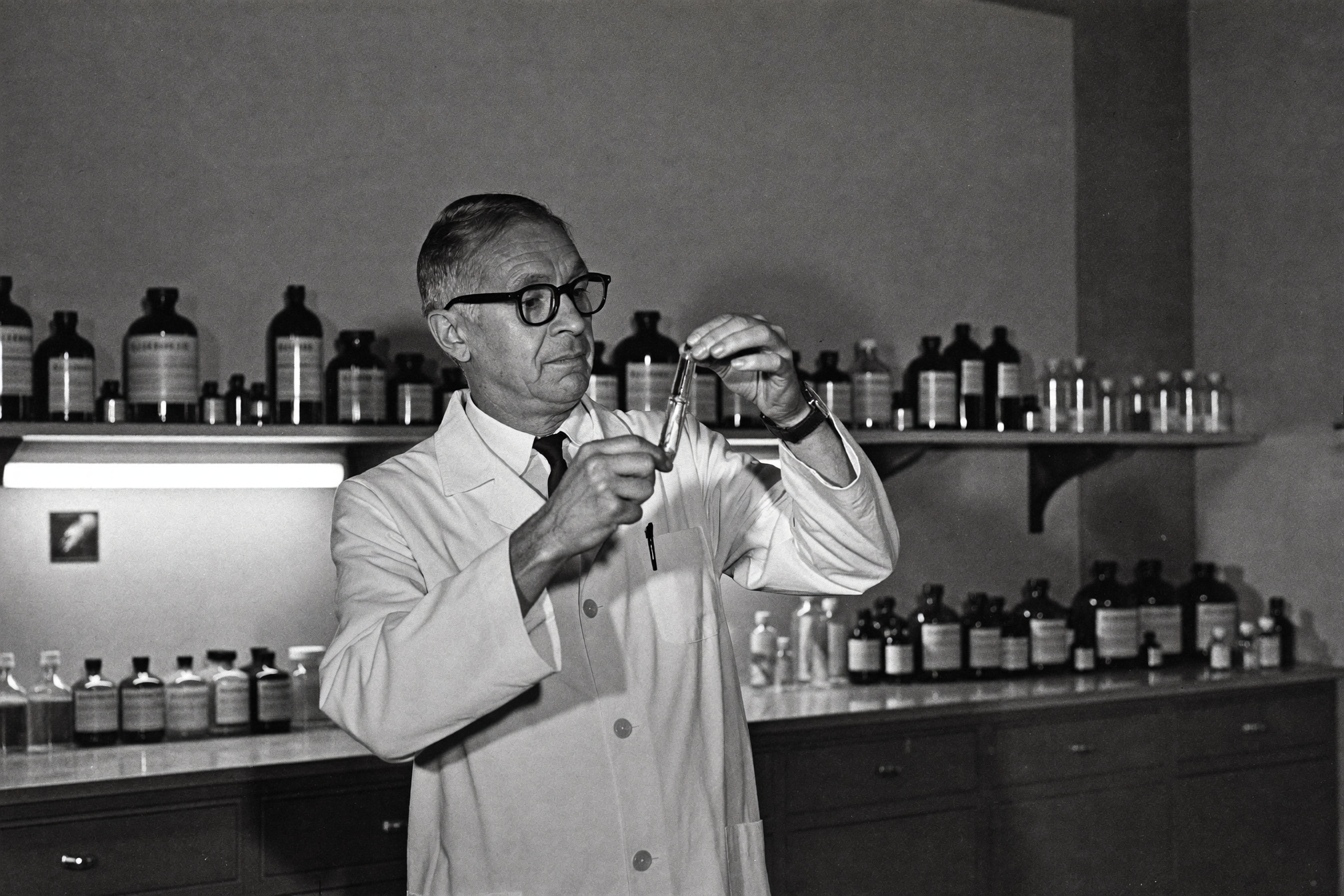 1966 German doctor examining a vial in a mid-century laboratory