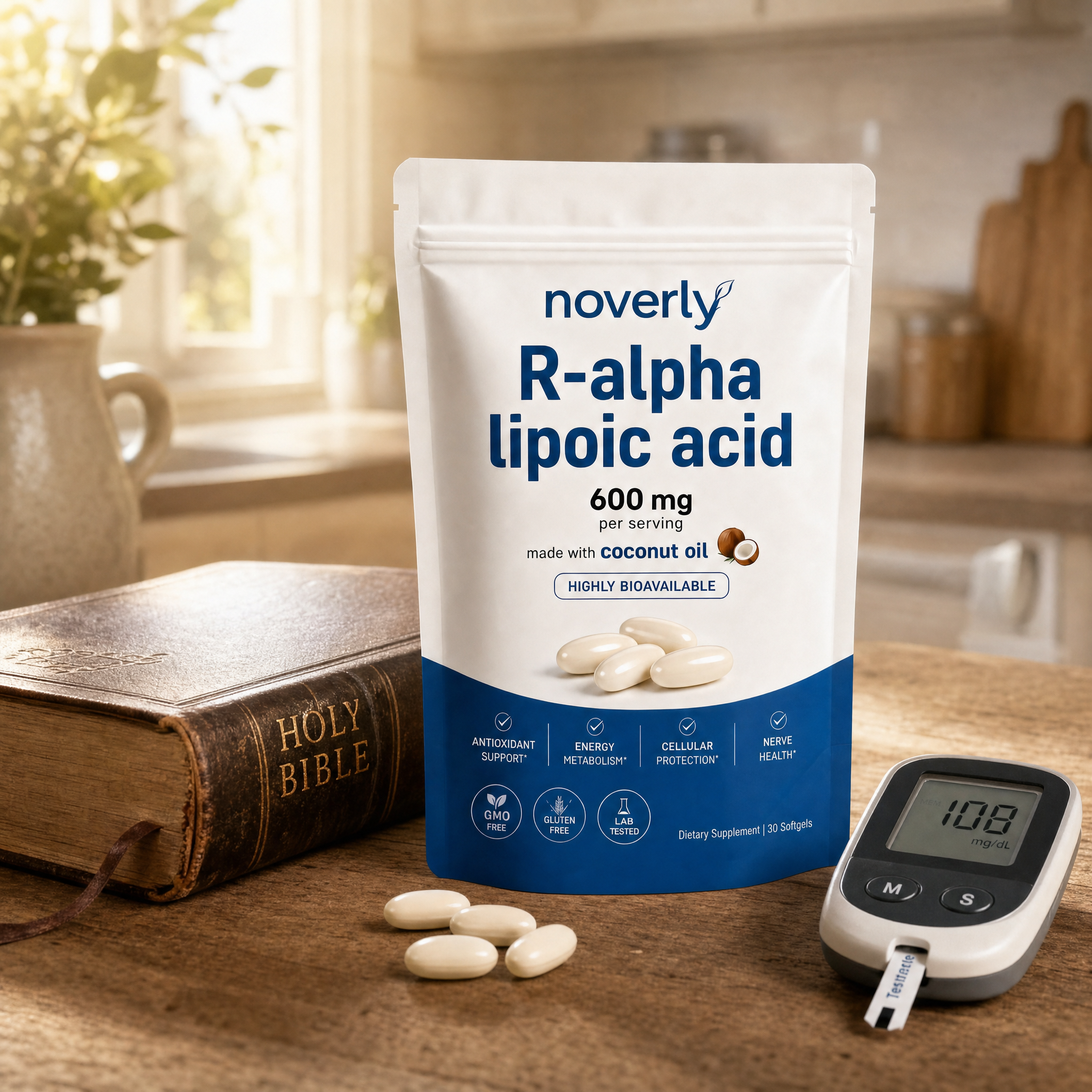 Noverly R-Alpha Lipoic Acid pouch beside an open Bible and glucose meter