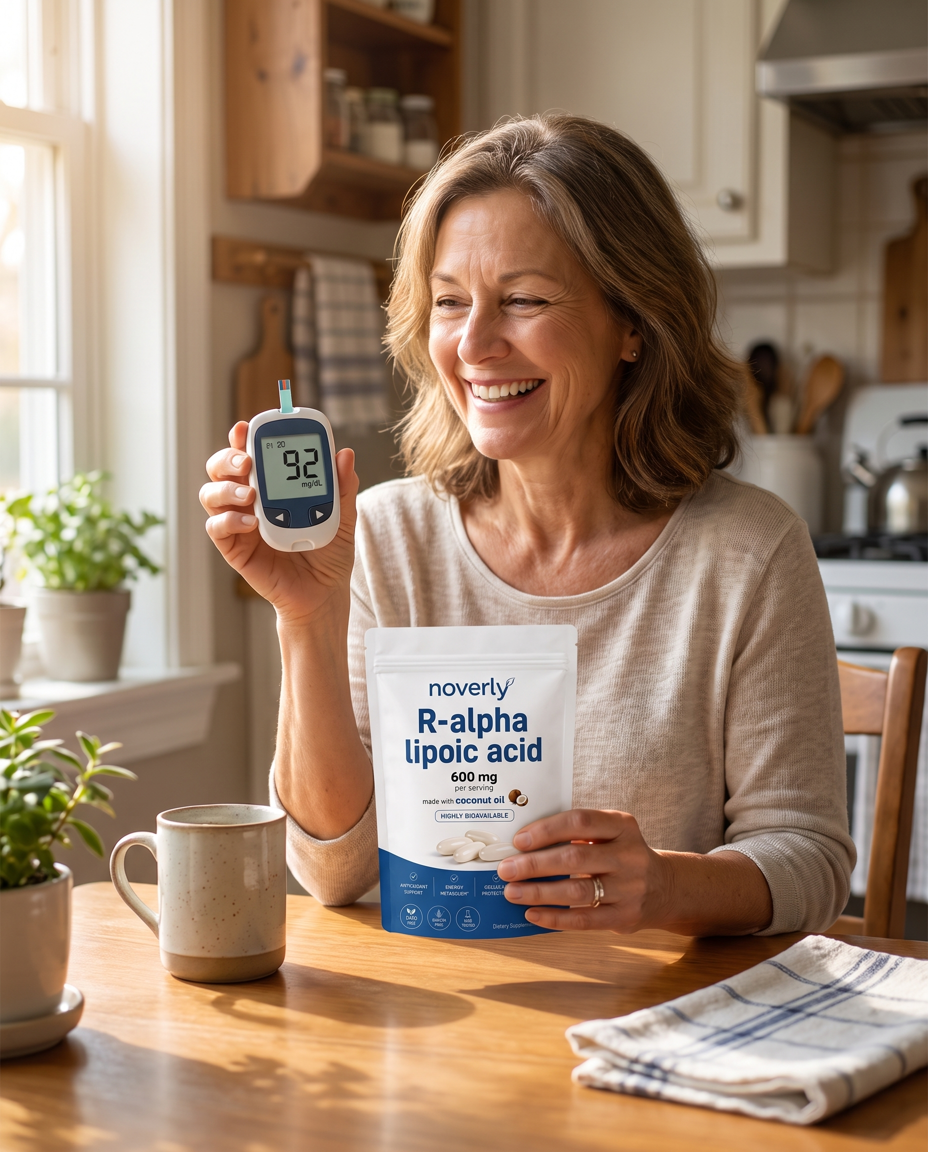 Woman holding a glucose meter reading 92 beside the Noverly pouch