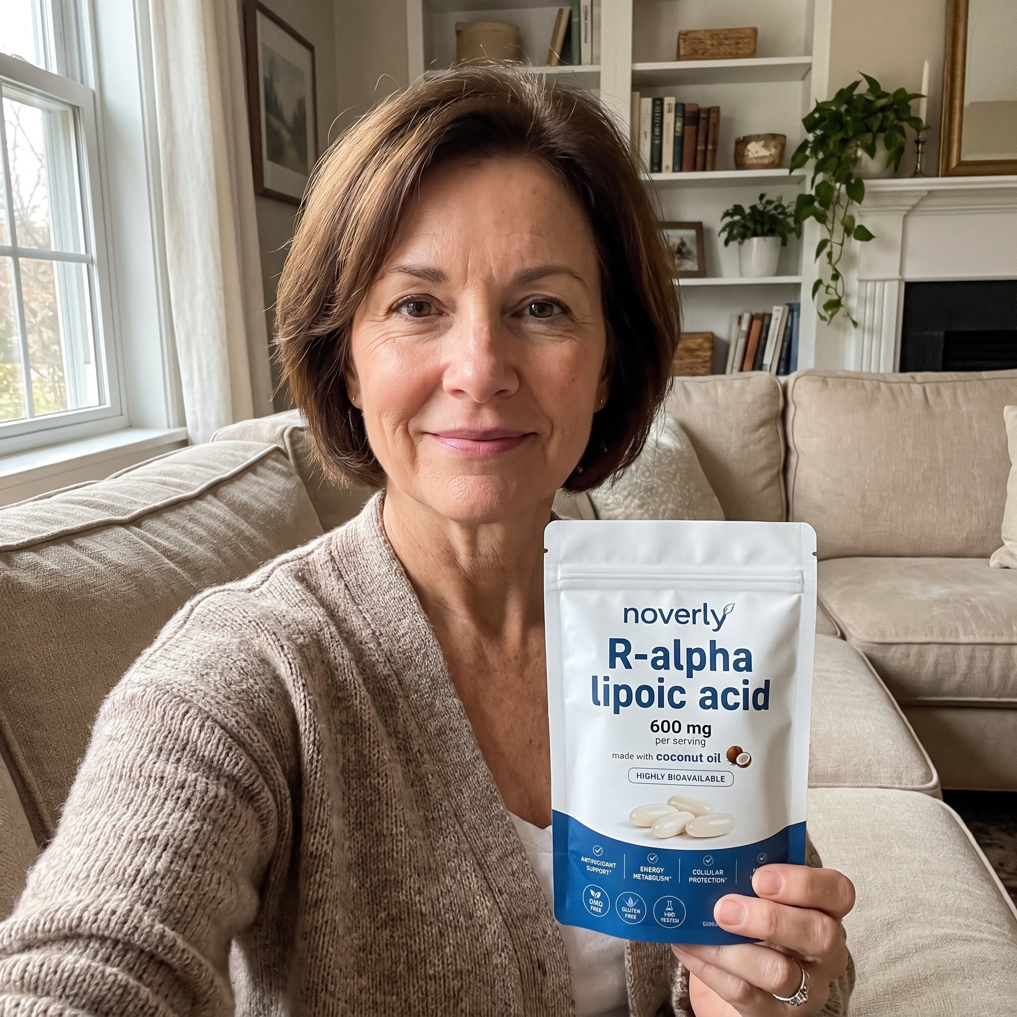 Customer testimonial: woman holding the Noverly pouch