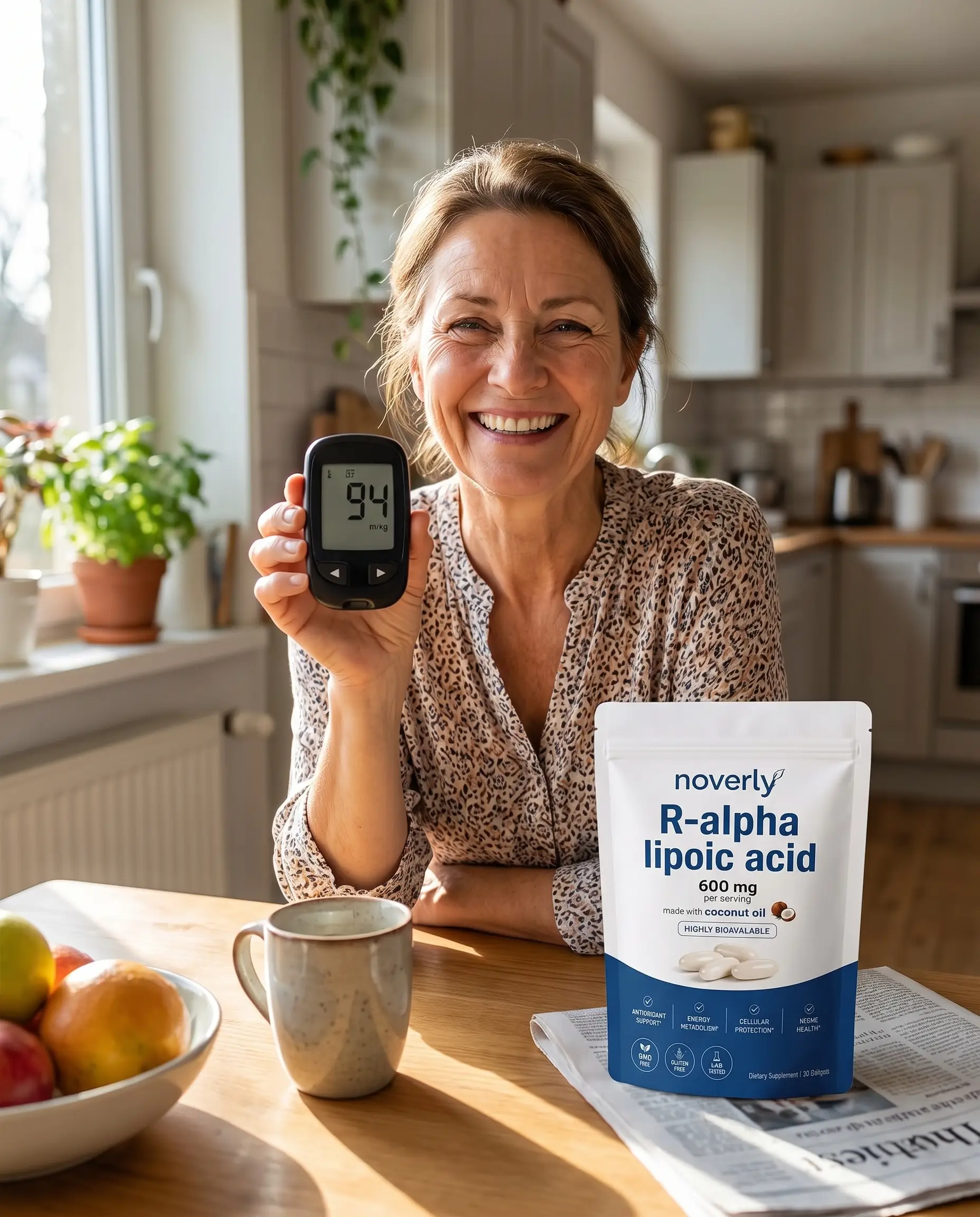 Customer holding her glucose meter reading 94 next to the Noverly pouch