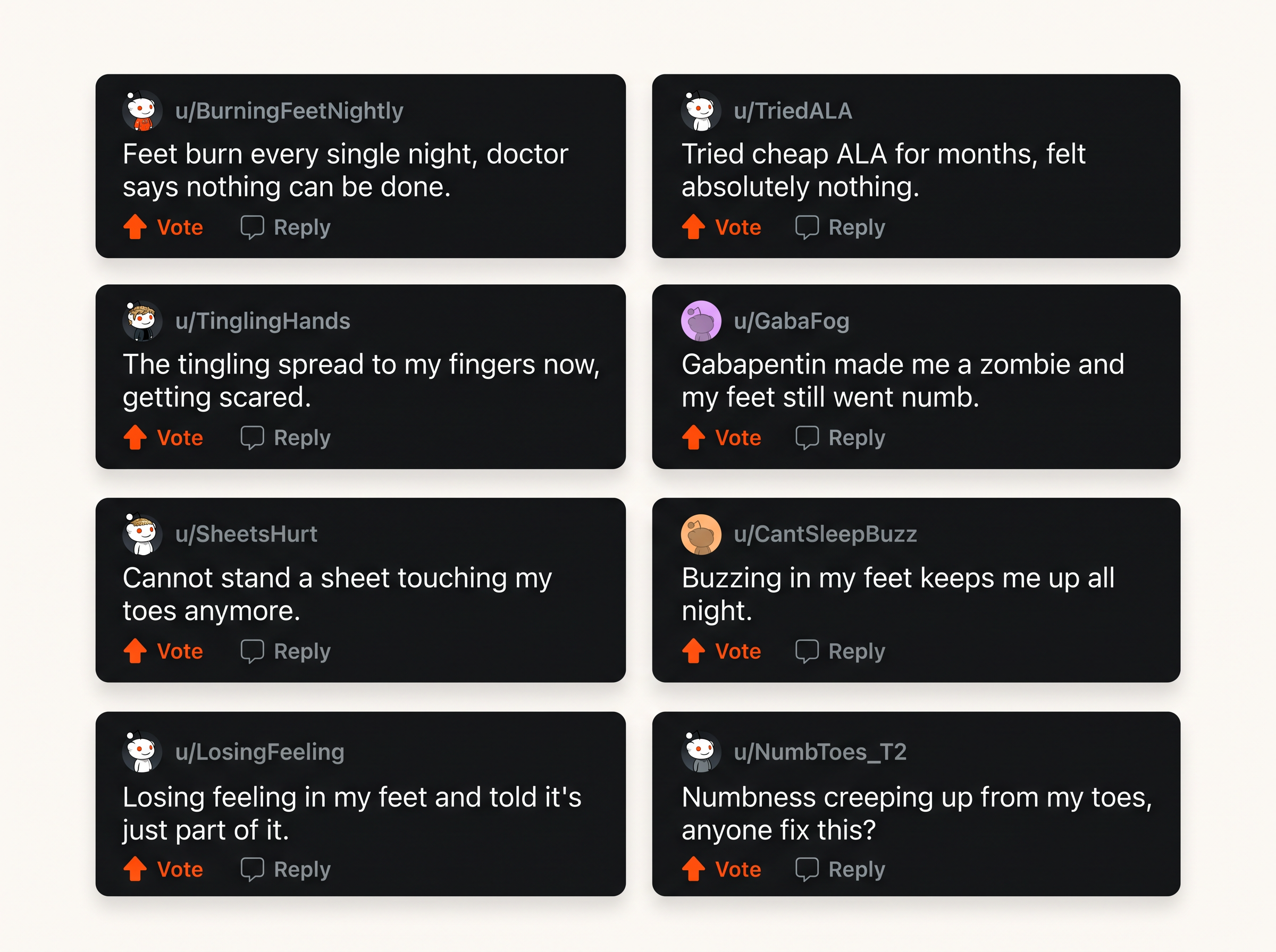 Thread full of comments describing numb, tingling, burning feet
