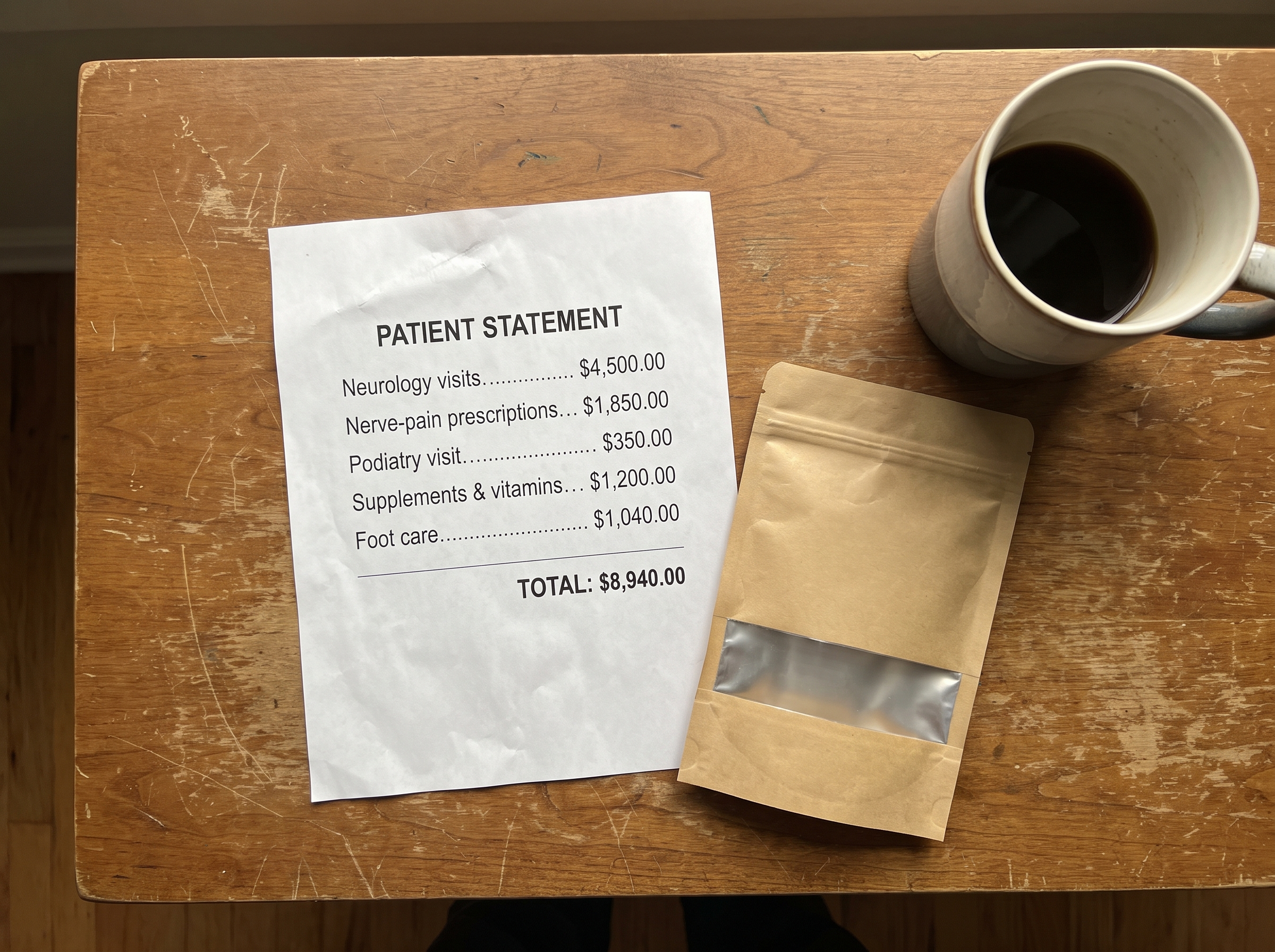 An itemized medical statement totaling nearly $9,000 spent chasing nerve relief