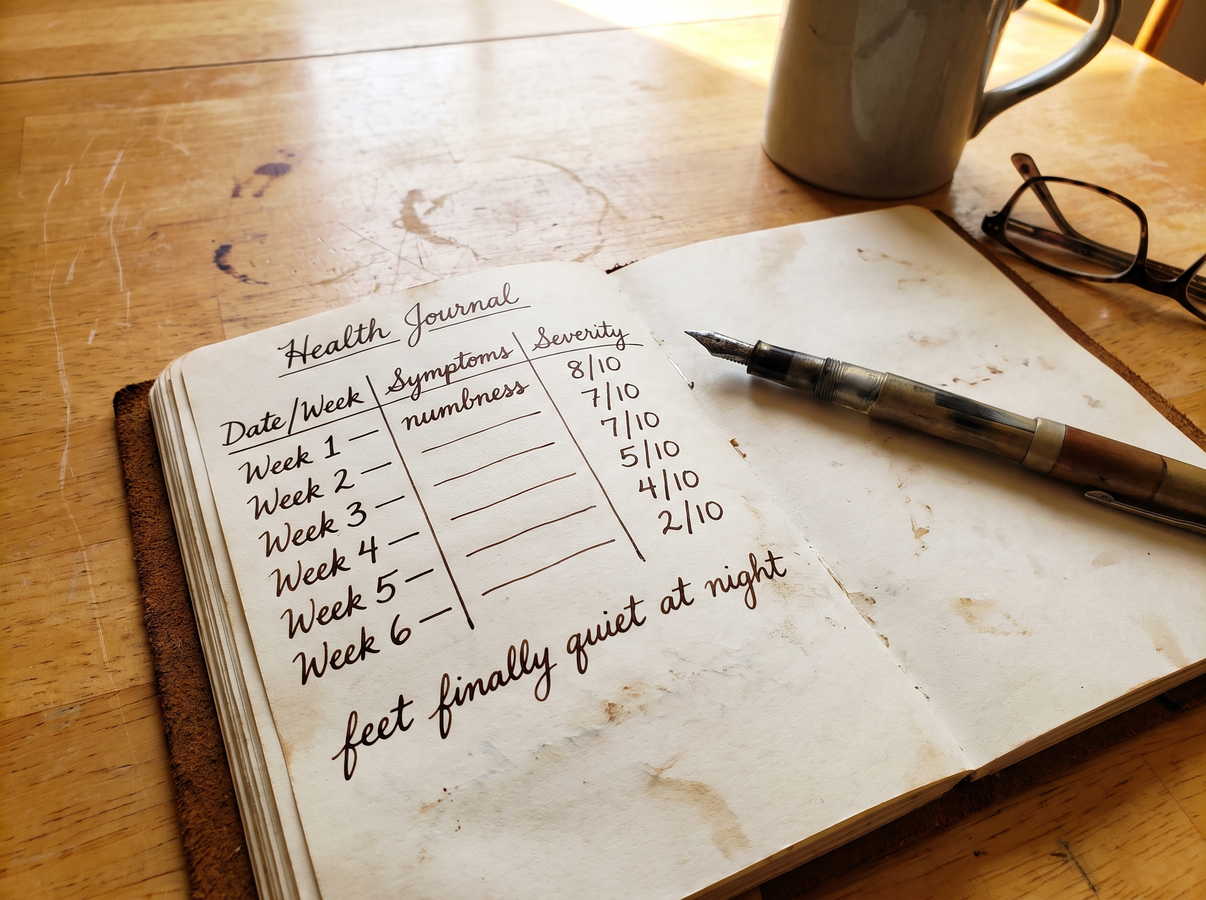 Handwritten health journal — numbness dropping from 8/10 to 2/10 over six weeks