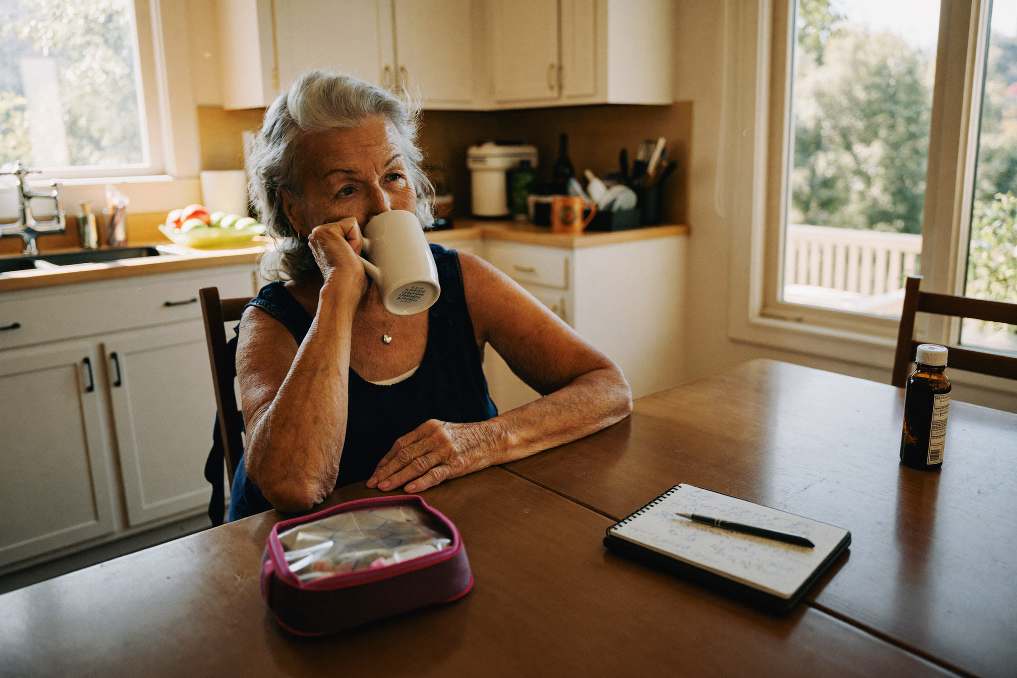 Karen at her kitchen table in the morning, relaxed