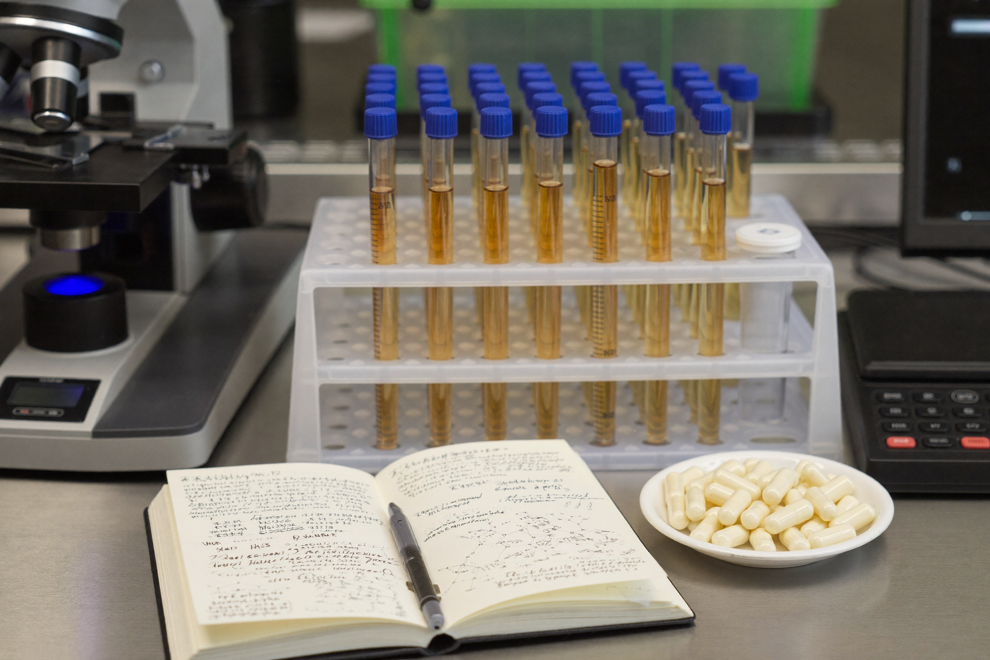 Lab bench with test tubes, research notebook and softgels