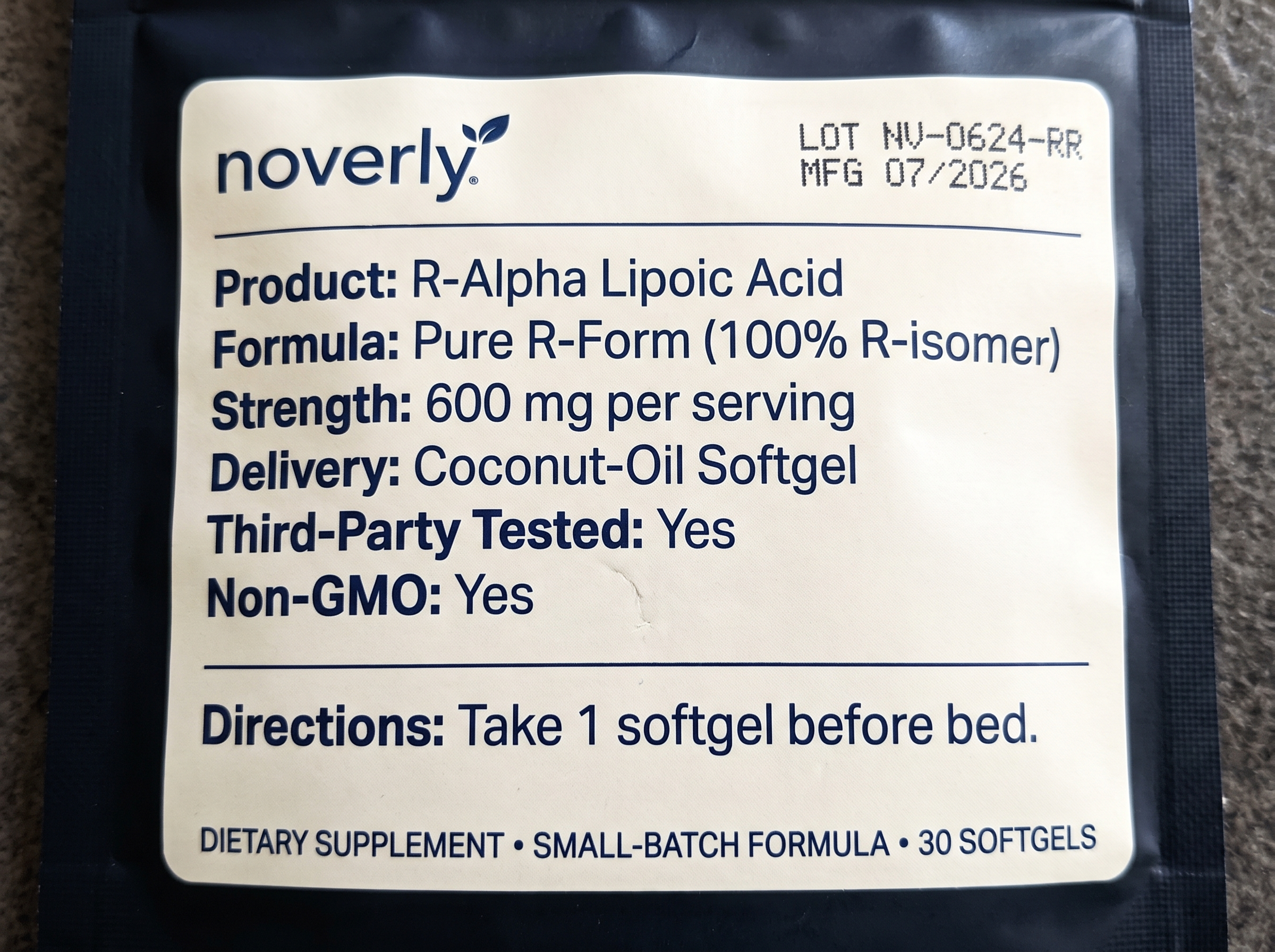 Noverly R-Alpha Lipoic Acid spec label — LOT NV-0624-RR, Pure R-Form 600mg, small-batch, take 1 softgel before bed