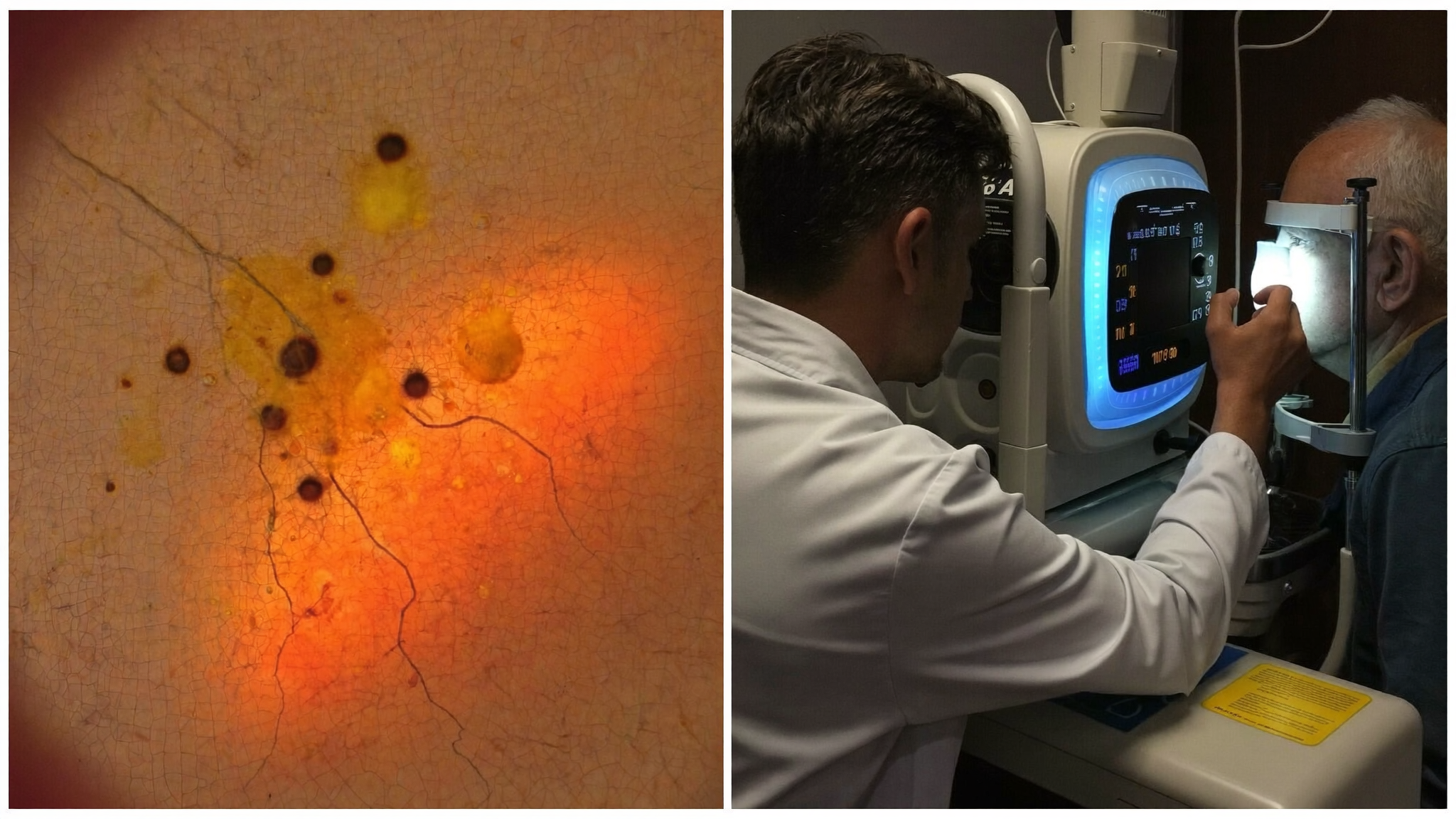 A diabetic retina with dot hemorrhages, and an optometrist examining a patient at the slit lamp