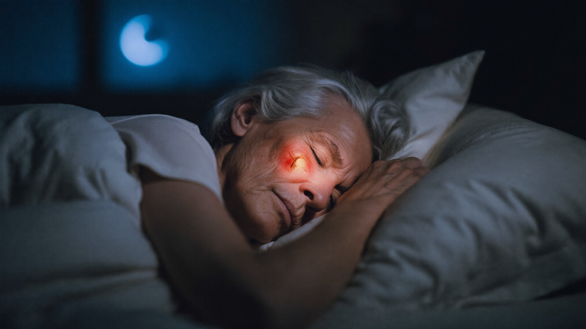 A woman asleep at night with a faint red glow around her closed eyes