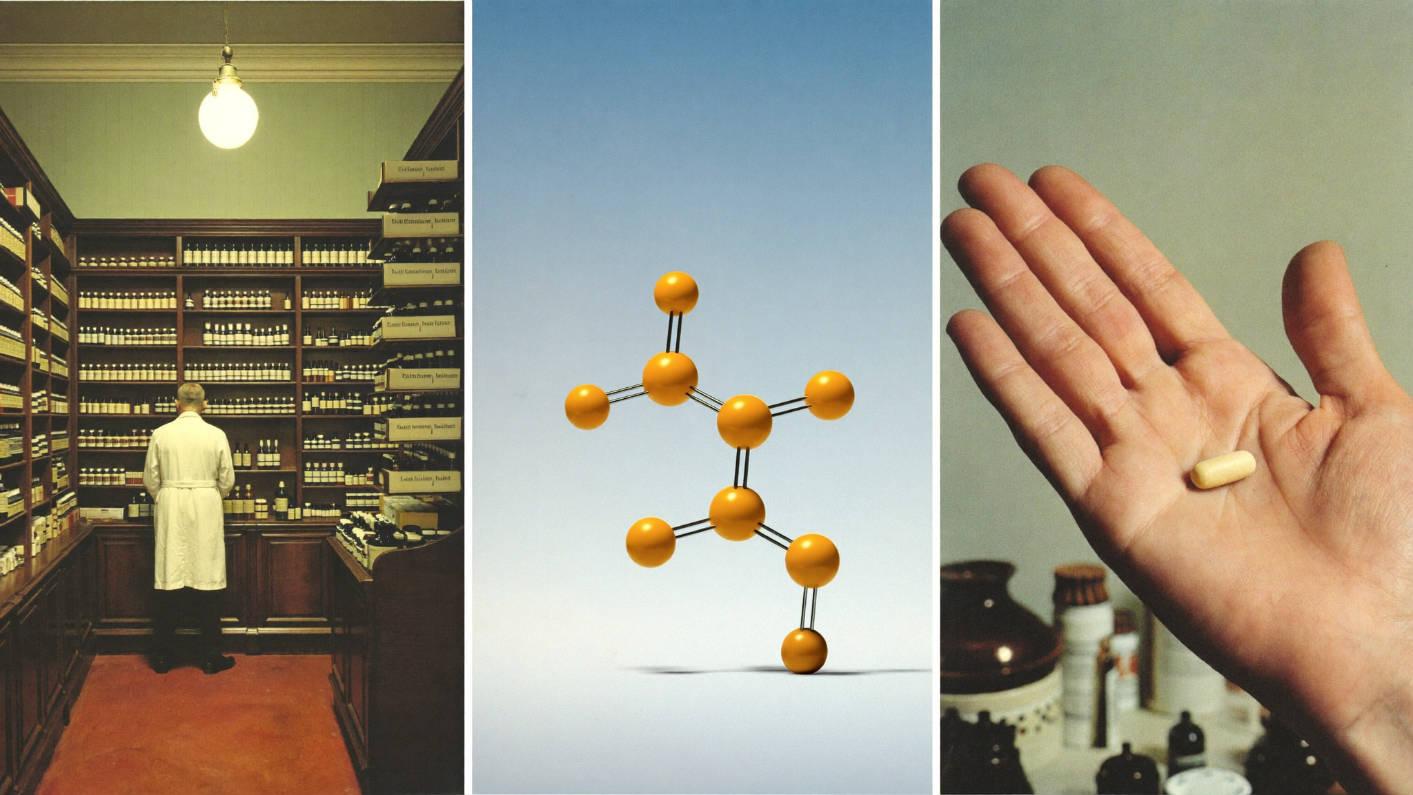 A 1960s German pharmacy, the alpha-lipoic acid molecule, and a single softgel in an open palm