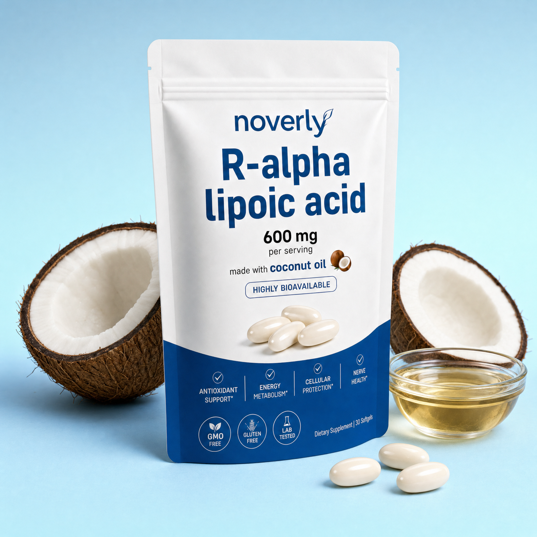 Noverly R-alpha lipoic acid pouch with coconut and softgels