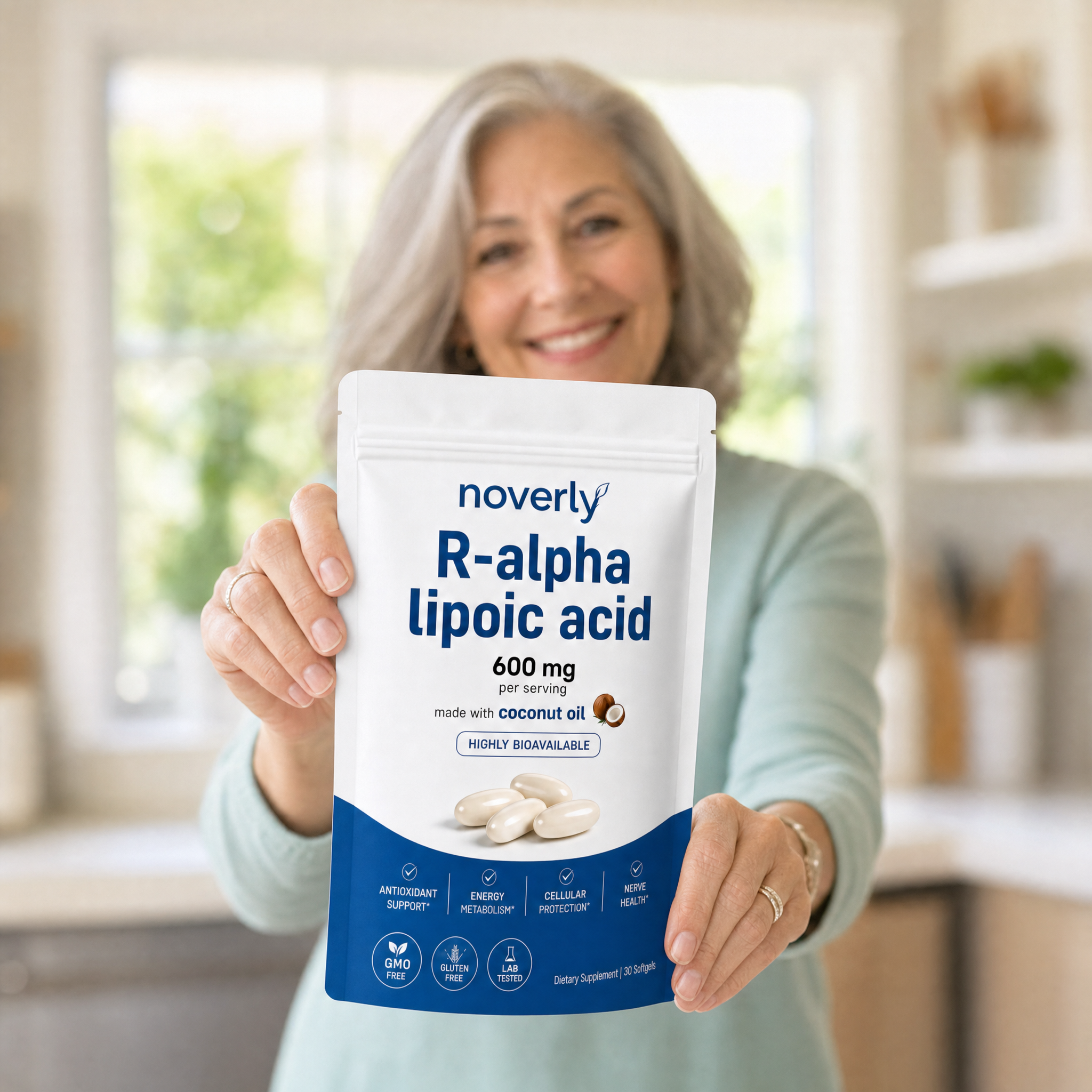 A customer holding up the Noverly pouch in her kitchen