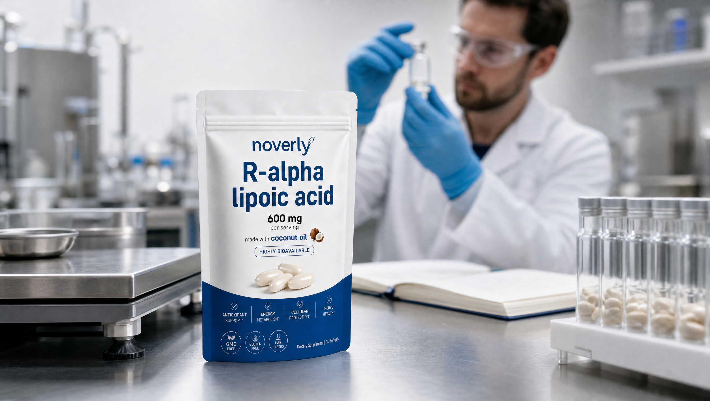 The Noverly pouch on a production bench while a technician checks a sample vial